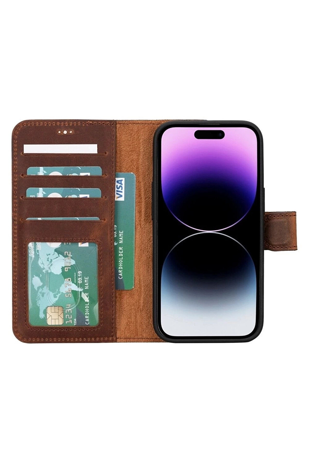 Apple İphone 15 Uyumlu Deri̇ Cüzdanlı Kılıf Mwwn G2 Kahve