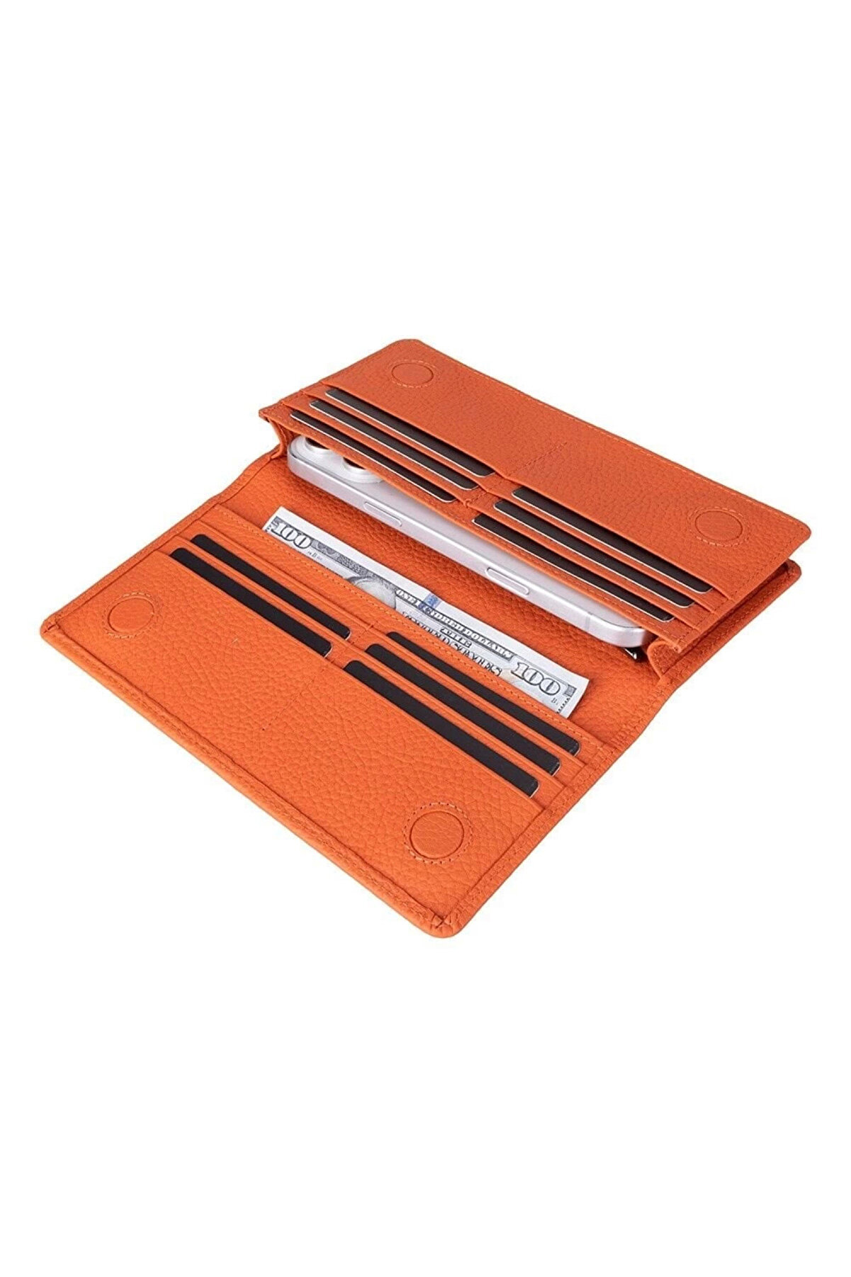 Aura Haki̇ki̇ Deri̇, El Yapımı, Telefon Bölmeli̇, Kadın Cüzdanı, Portakal Renk