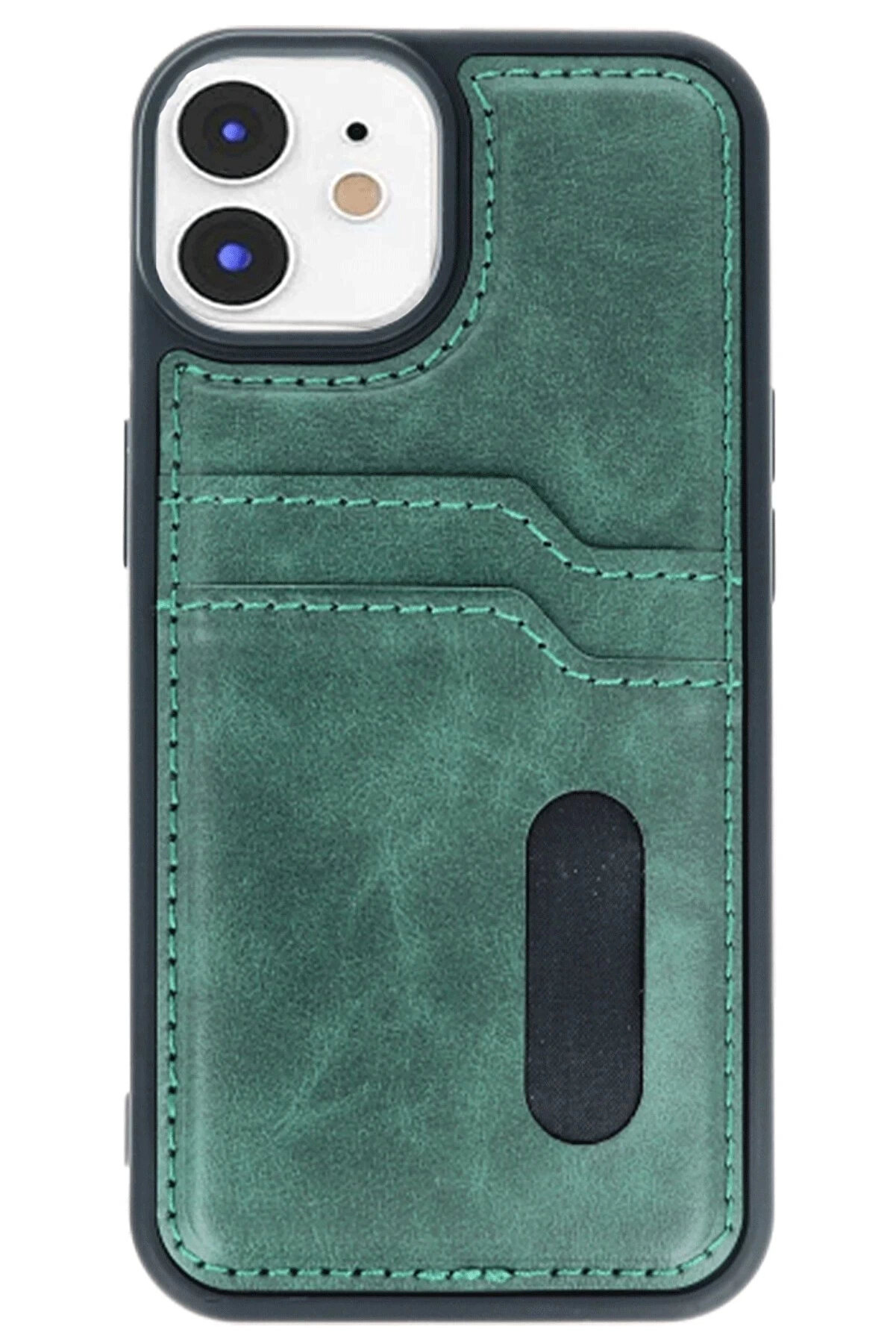 Buti̇k İphone 11 Kılıf Sara Kartvi̇zi̇tli̇ Deri̇ Kılıf - Koyu Yeşi̇l-(5796)