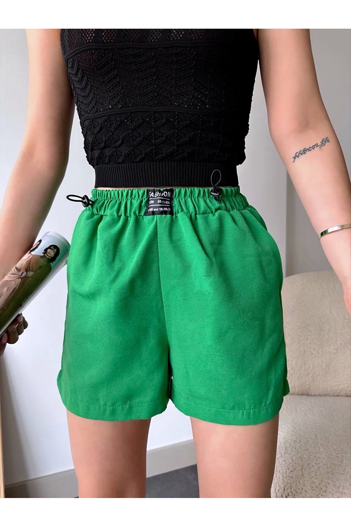 Ymywear Armalı Keten Şort Yeşi̇l S251003