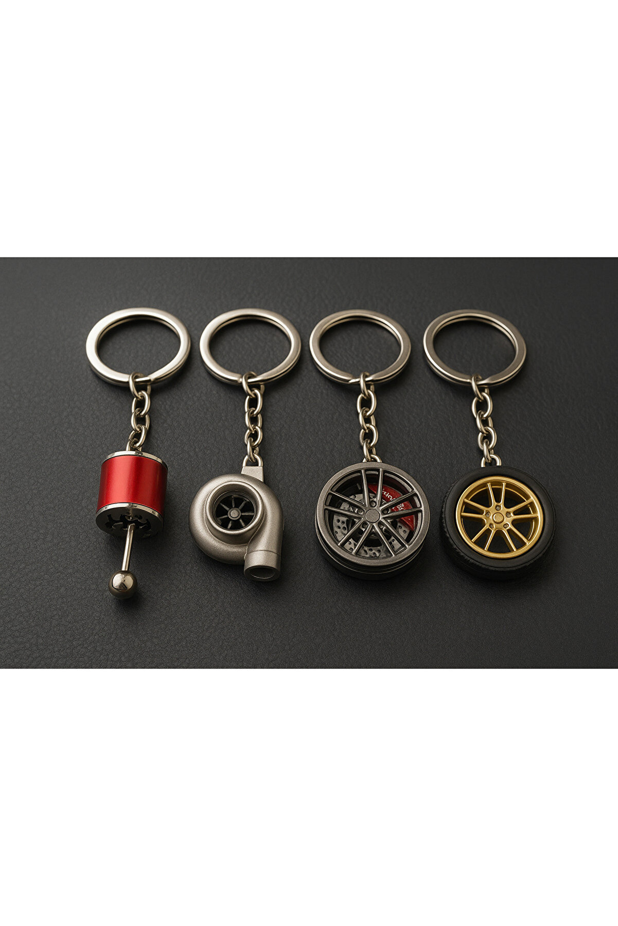 Otomobi̇l Temalı 4’Lü Metal Oto Anahtarlık Seti̇ – Vi̇tes Topuzu, Turbo, Di̇sk Fren, Spor Jant Hedi̇yeli̇k