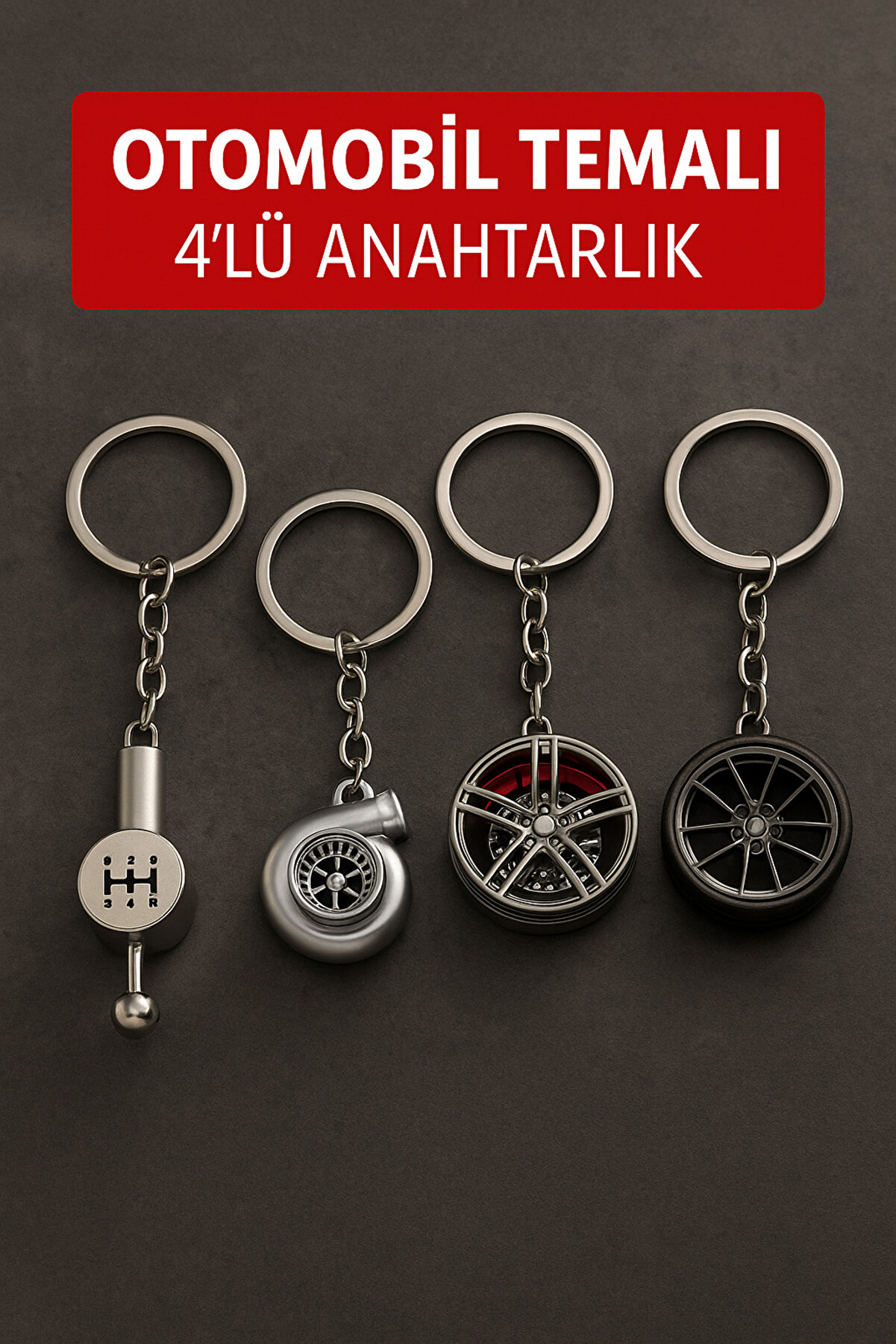 Otomobi̇l Temalı 4’Lü Metal Oto Anahtarlık Seti̇ – Vi̇tes Topuzu, Turbo, Di̇sk Fren, Spor Jant Hedi̇yeli̇k