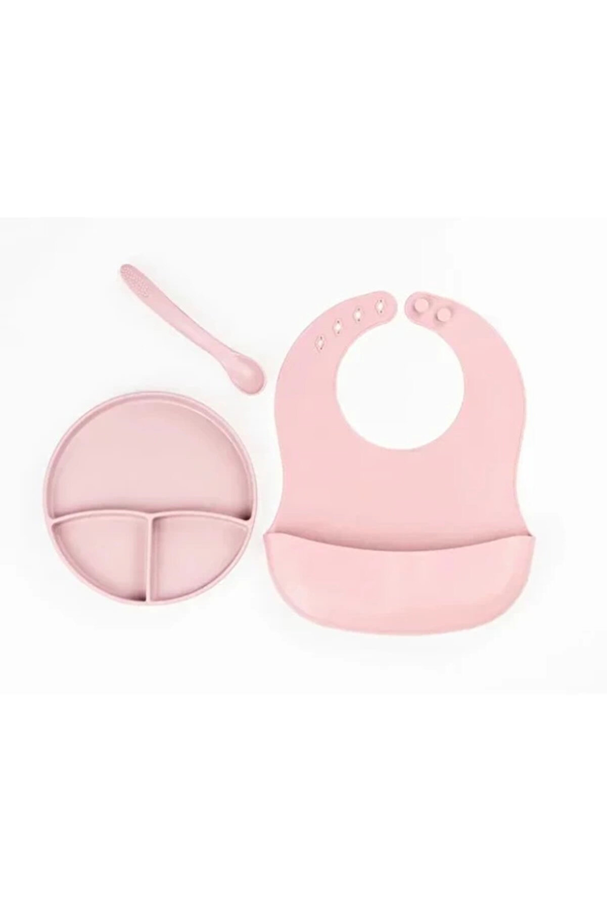 gizmurstore Pembe 3’lü Silikon Yemek Seti – Önlük + Diş Kaşıyıcılı Kaşık + Vakumlu Tabak