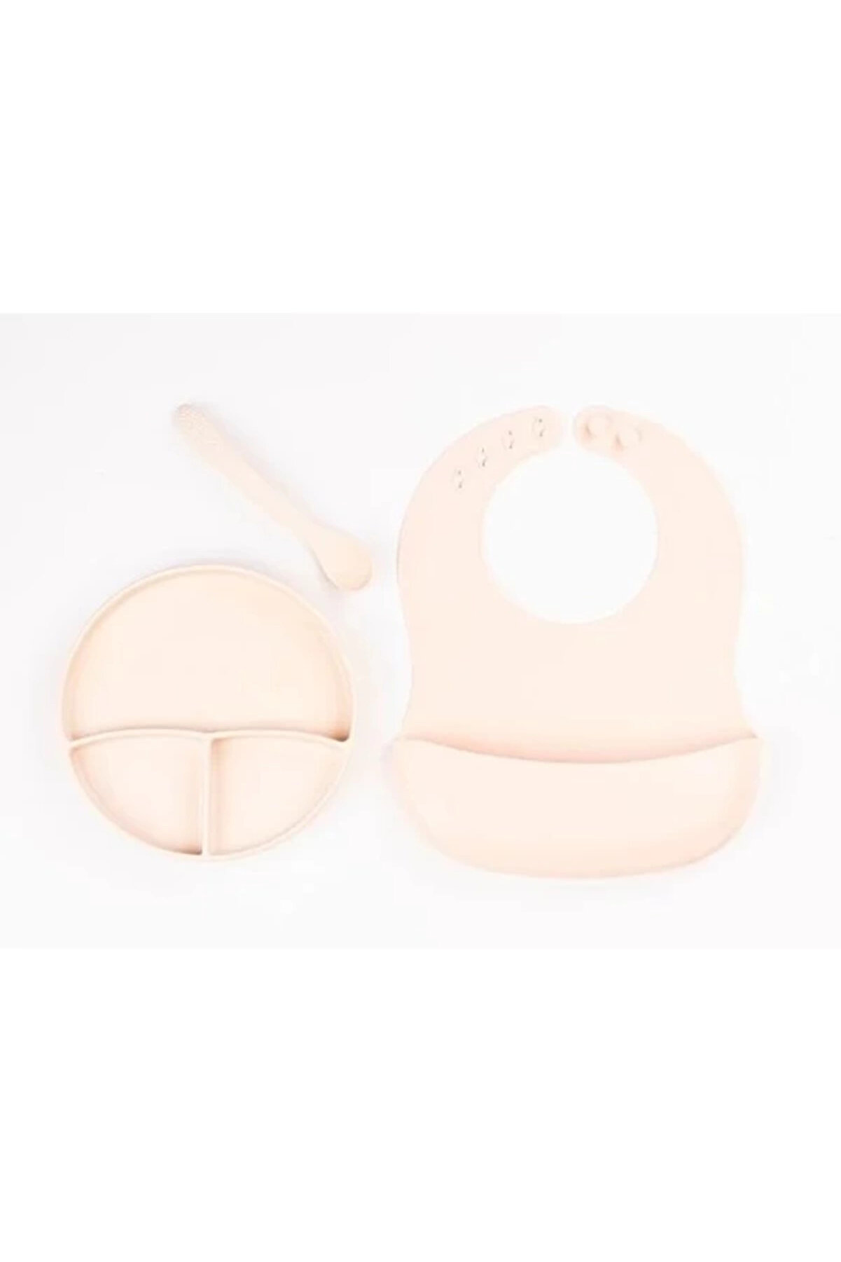 gizmurstore Krem Rengi 3’lü Silikon Yemek Seti – Önlük + Diş Kaşıyıcılı Kaşık + Vakumlu Tabak