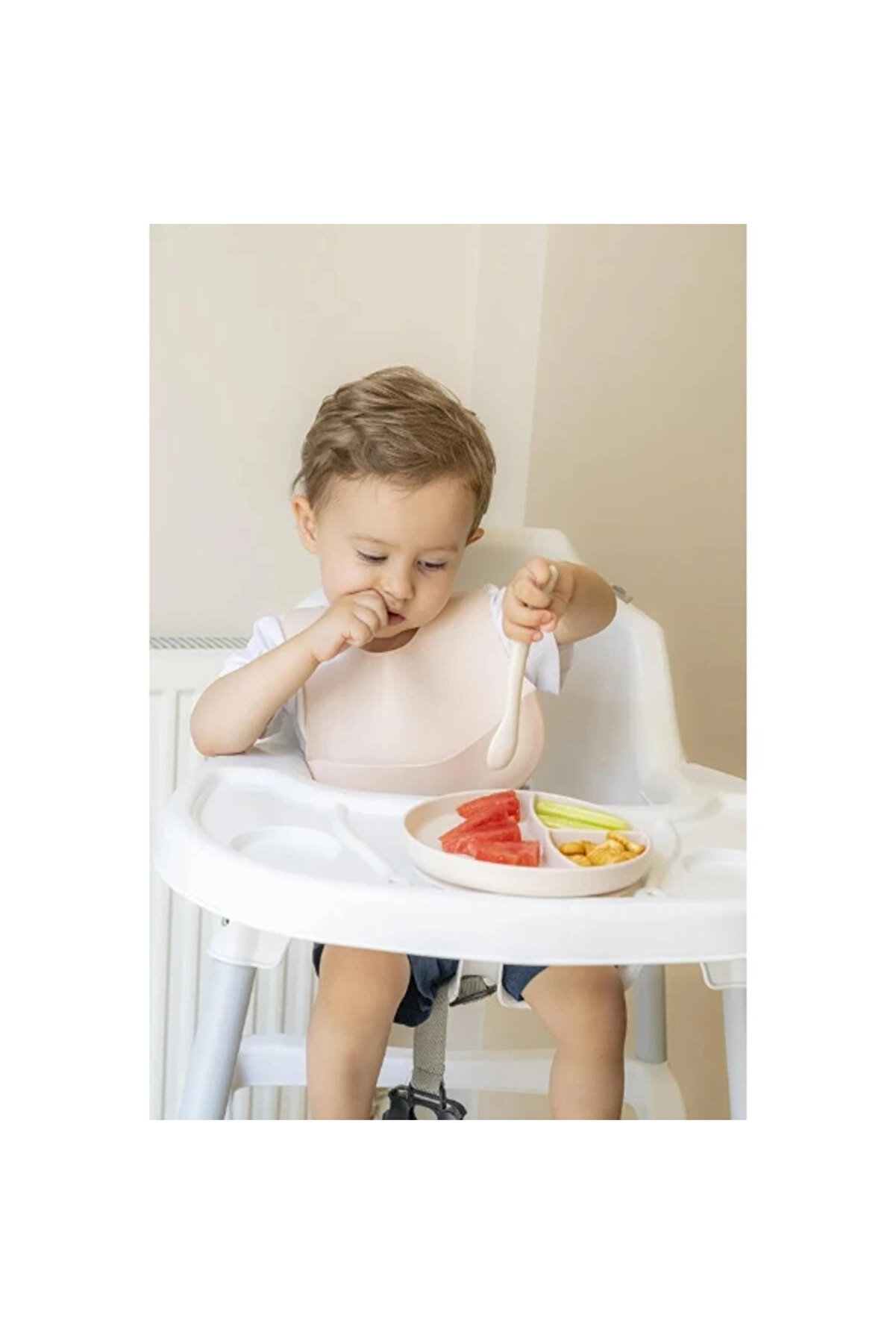 Krem Rengi̇ 3&rsquo;L&uuml; Si̇li̇kon Yemek Seti̇ &ndash; &Ouml;nl&uuml;k + Di̇ş Kaşıyıcılı Kaşık + Vakumlu Tabak