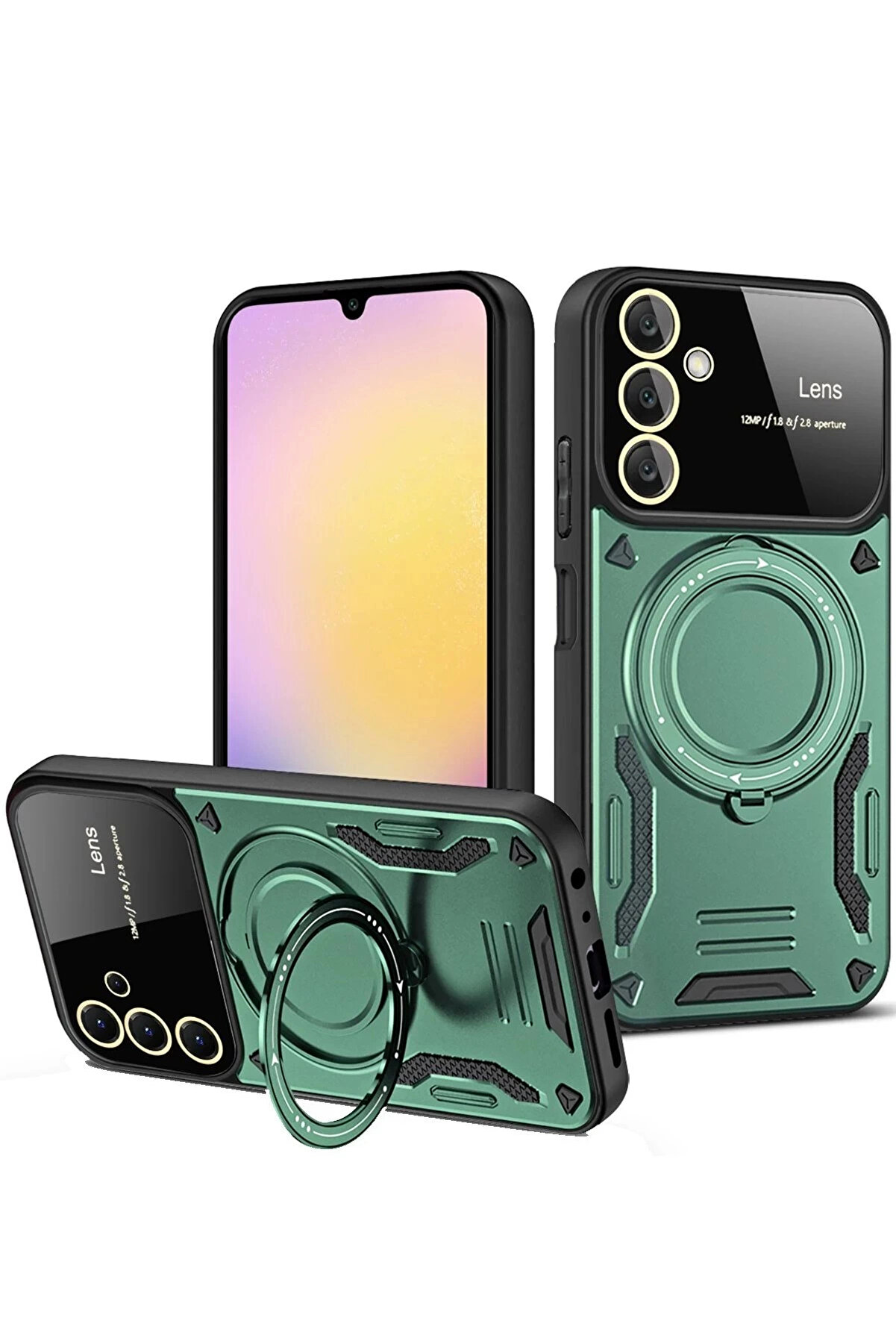 Buti̇k Samsung Galaxy S25 Plus Kılıf Joy Lens Standlı Kapak - Koyu Yeşi̇l-(5796)