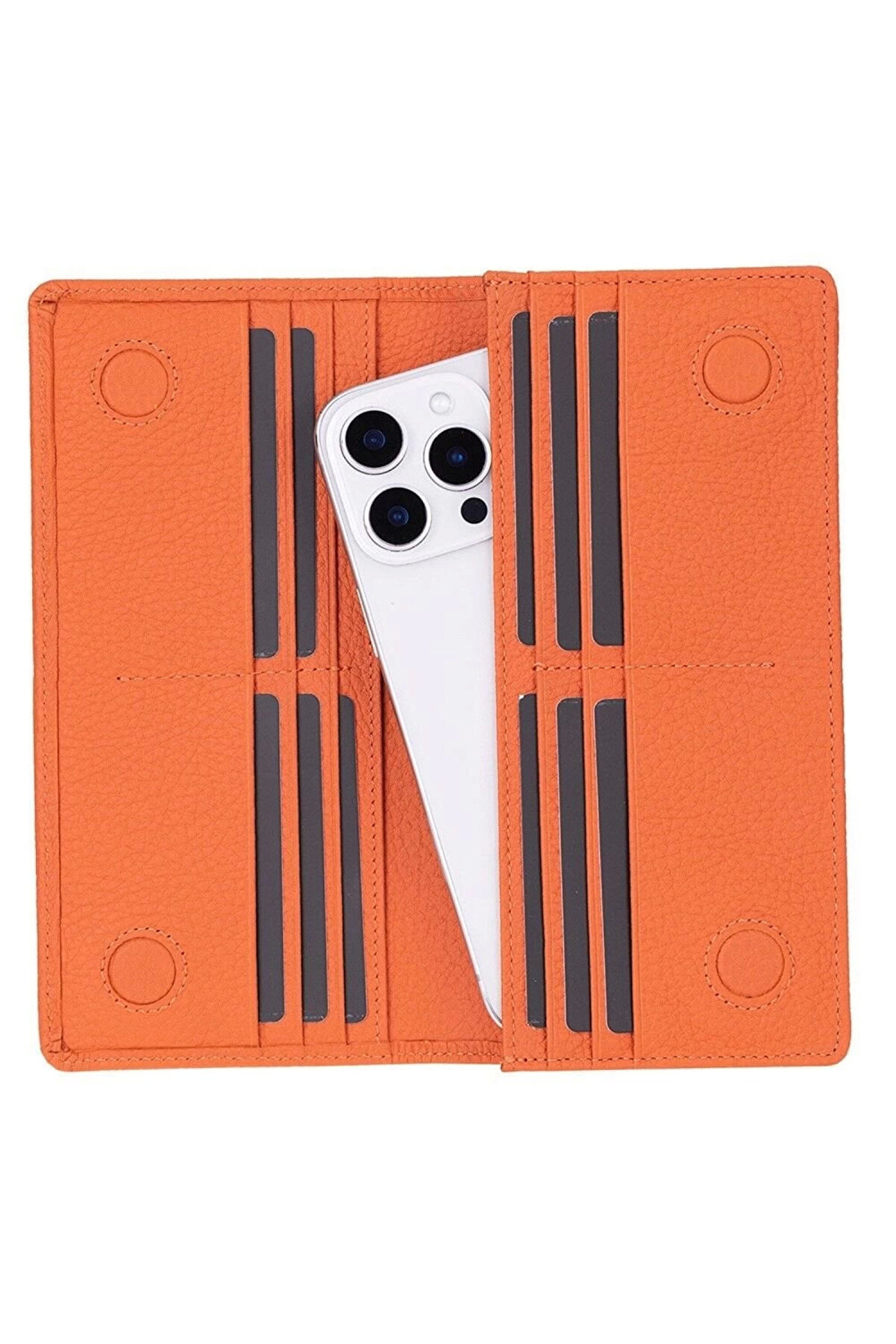 Aura Haki̇ki̇ Deri̇, El Yapımı, Telefon Bölmeli̇, Kadın Cüzdanı, Portakal Renk