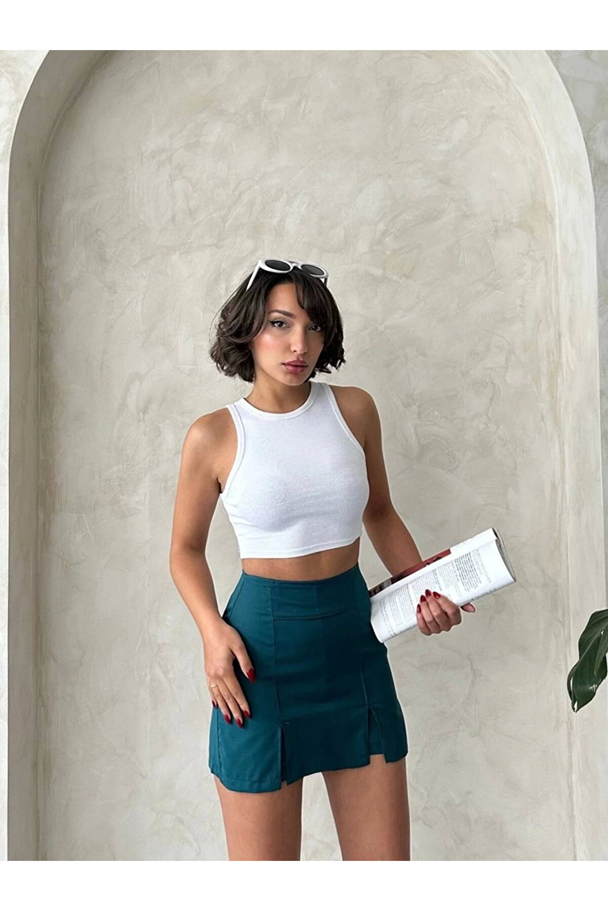 Ymywear &Ccedil;i̇ft Yırtma&ccedil;lı Atlas Şort Etek Petrol Yeşi̇li̇ S240364