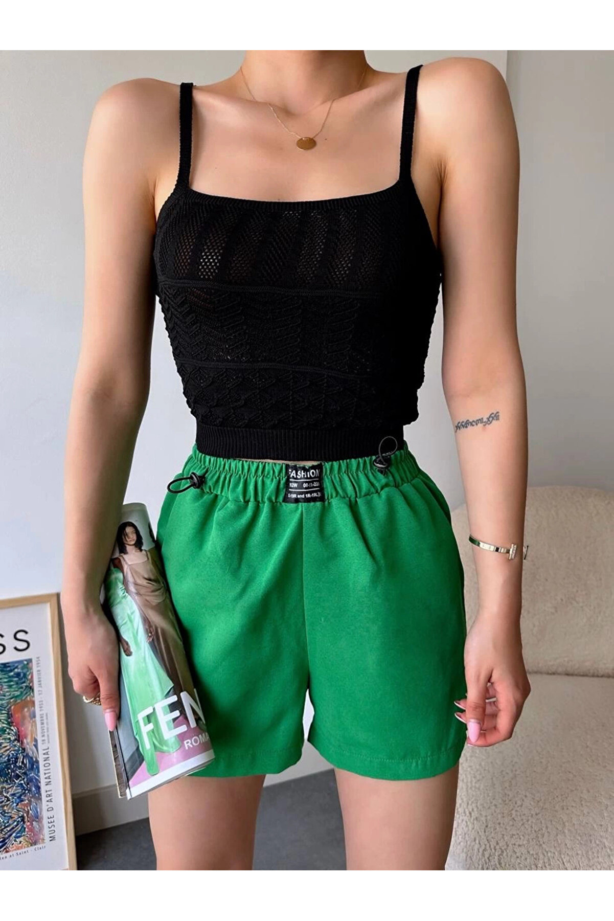 Ymywear Armalı Keten Şort Yeşi̇l S251003