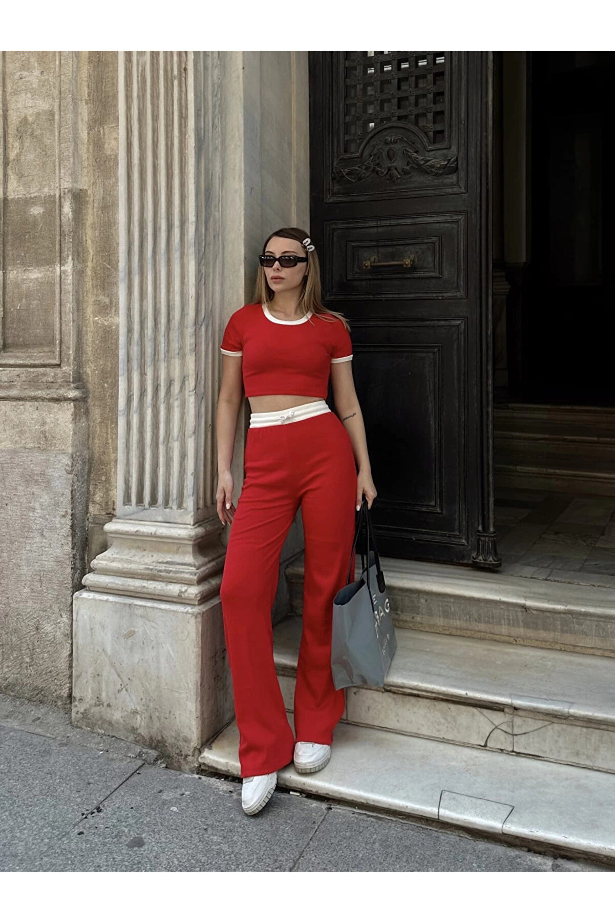 Bi̇lfold Crop Pantolon Bi̇yeli̇ Takım Kırmızı