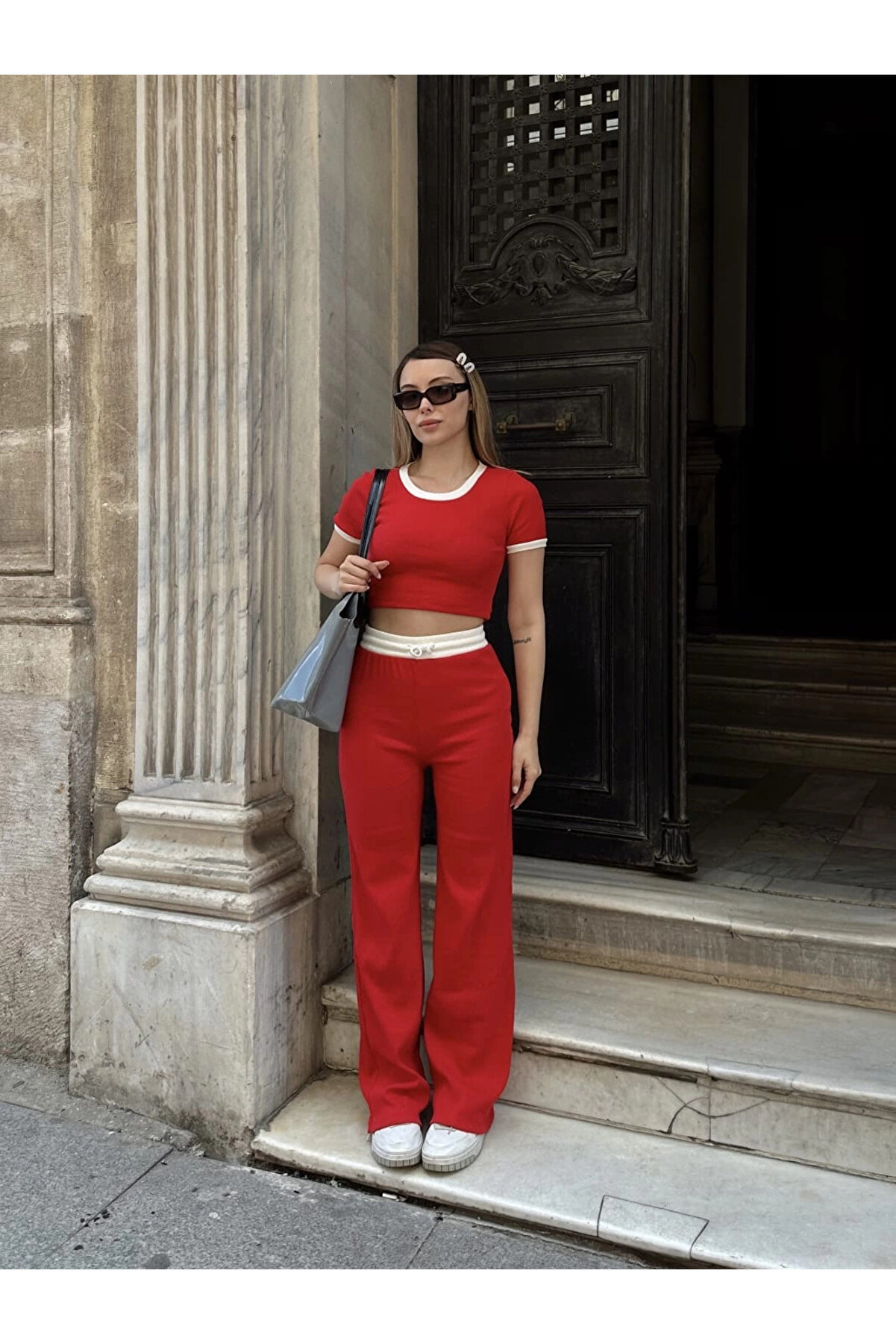 Bi̇lfold Crop Pantolon Bi̇yeli̇ Takım Kırmızı