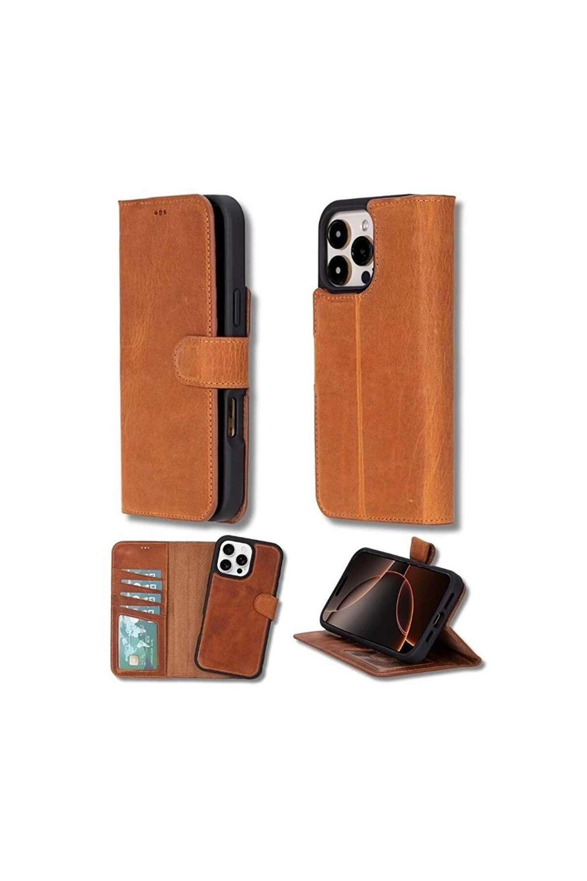Yıldızınızzz accessory Art Apple Iphone 16 Pro Max Uyumlu, Hakiki Deri, El Yapımı, Cüzdanlı Kılıf, Karamel Lab