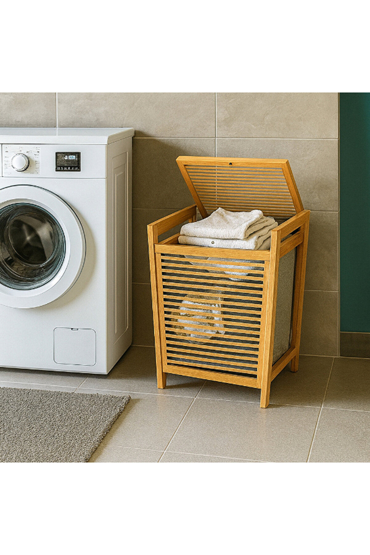 EsseShop Orta Boy Ahşap Bambu Kirli Sepeti 40x35x60