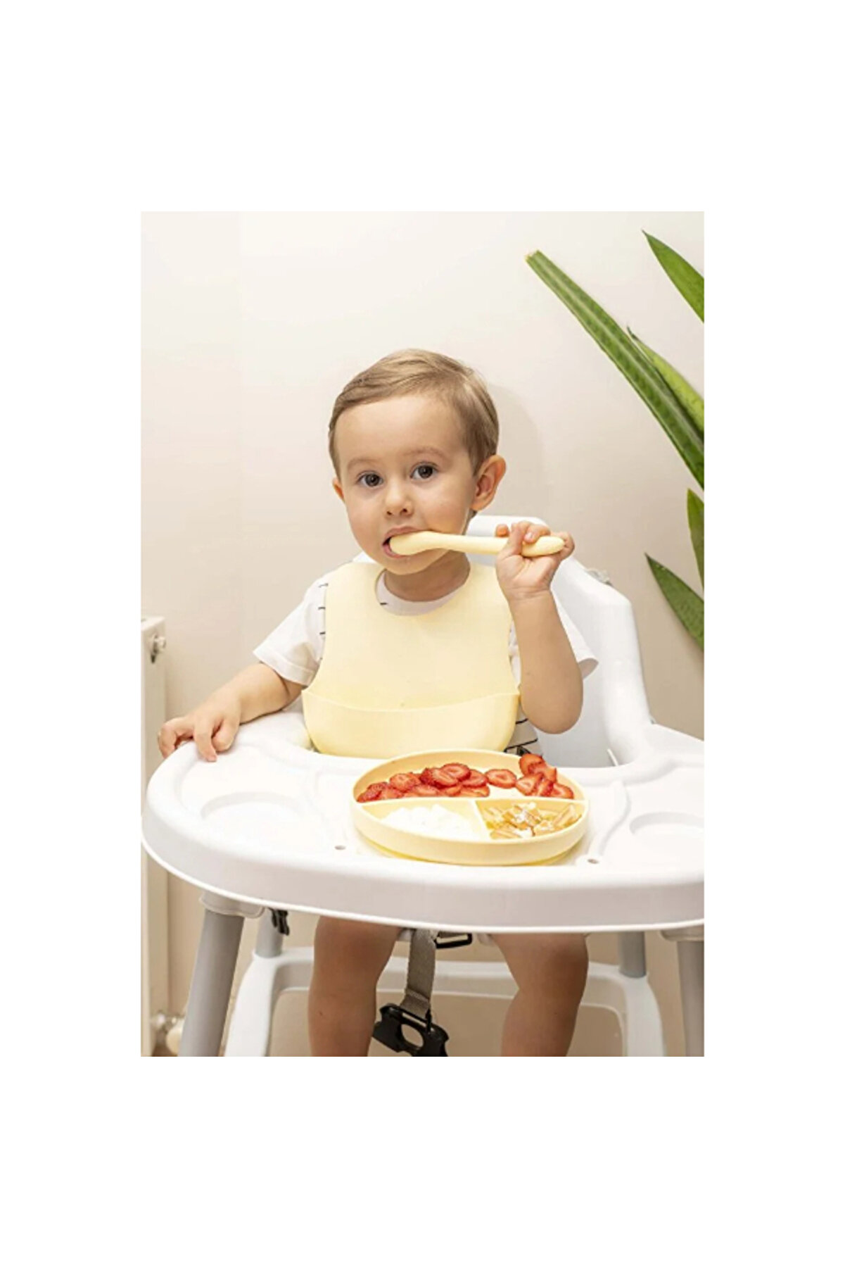 Art Sarı 3 Lü Si̇li̇kon Yemek Seti̇ - Önlük + Di̇ş Kaşıyıcılı Kaşık + Vakumlu Tabak Lab