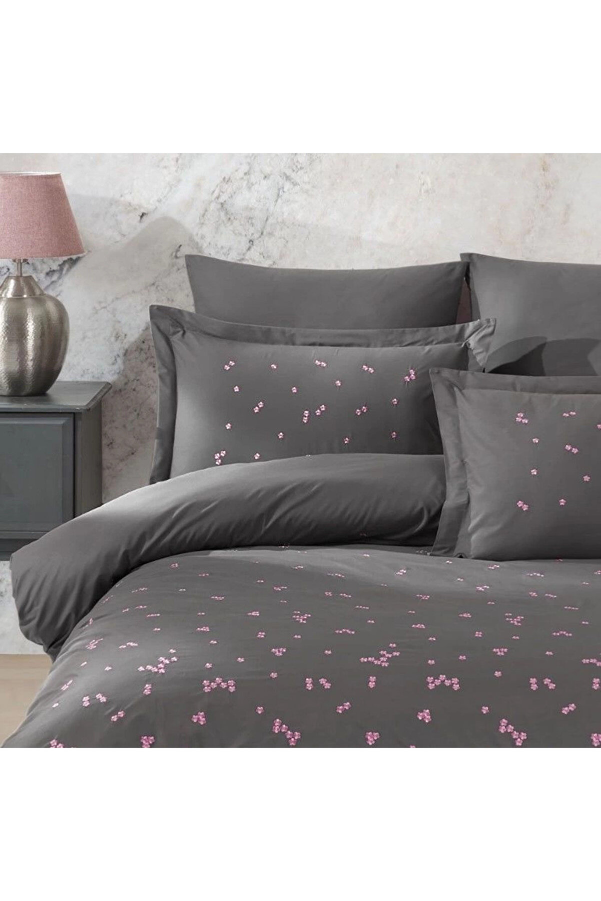 Hobby &Ccedil;i̇ft Ki̇şi̇li̇k Popli̇n Premi̇um Nakışlı Nevresi̇m Spri̇ng Gri̇