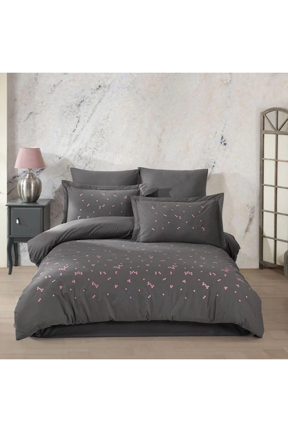 gizmurstore Hobby &Ccedil;ift Kişilik Poplin Premium Nakışlı Nevresim Spring Gri