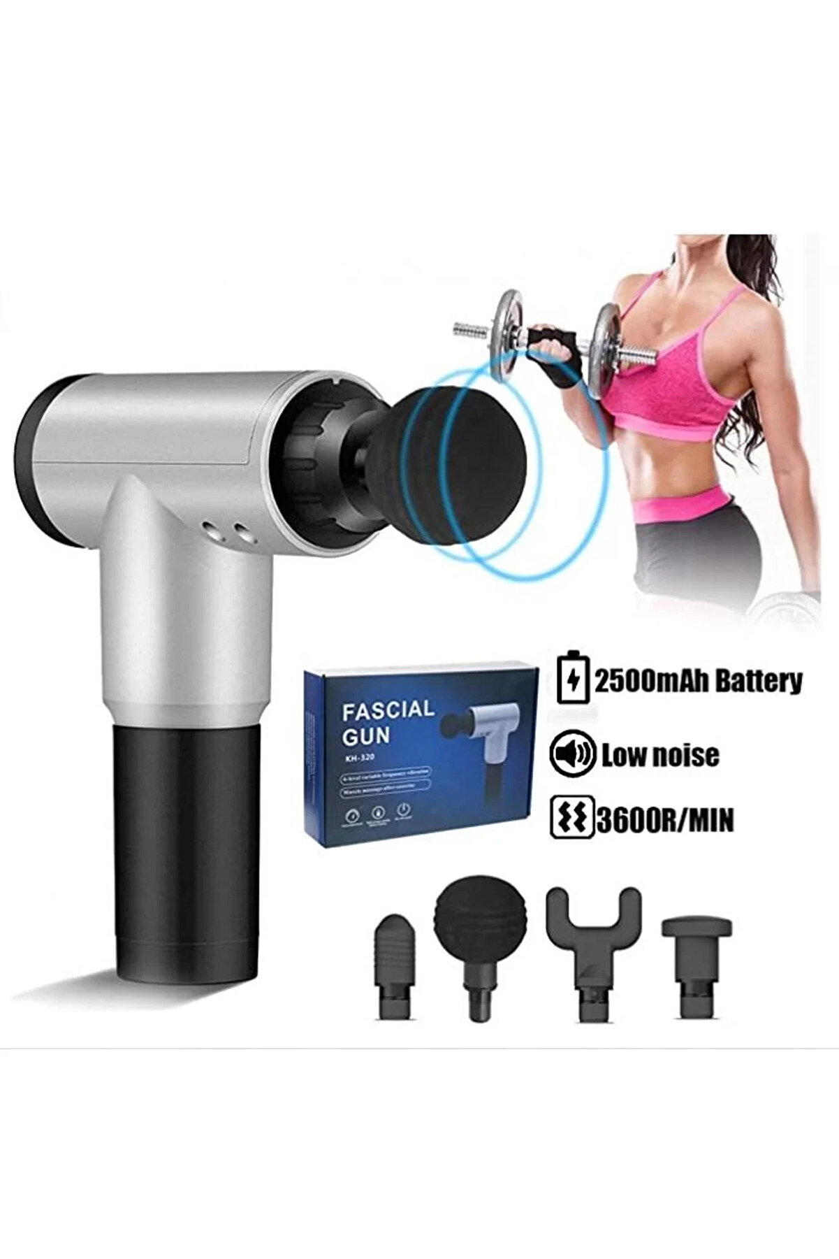 Go İthalat Fasci̇al Gun Rh-320 6 Kademe Hız Ayarlı, 4 Par&ccedil;a Başlıklı, Usb Şarjlı, Masaj Tabanca Aleti̇ (5263)