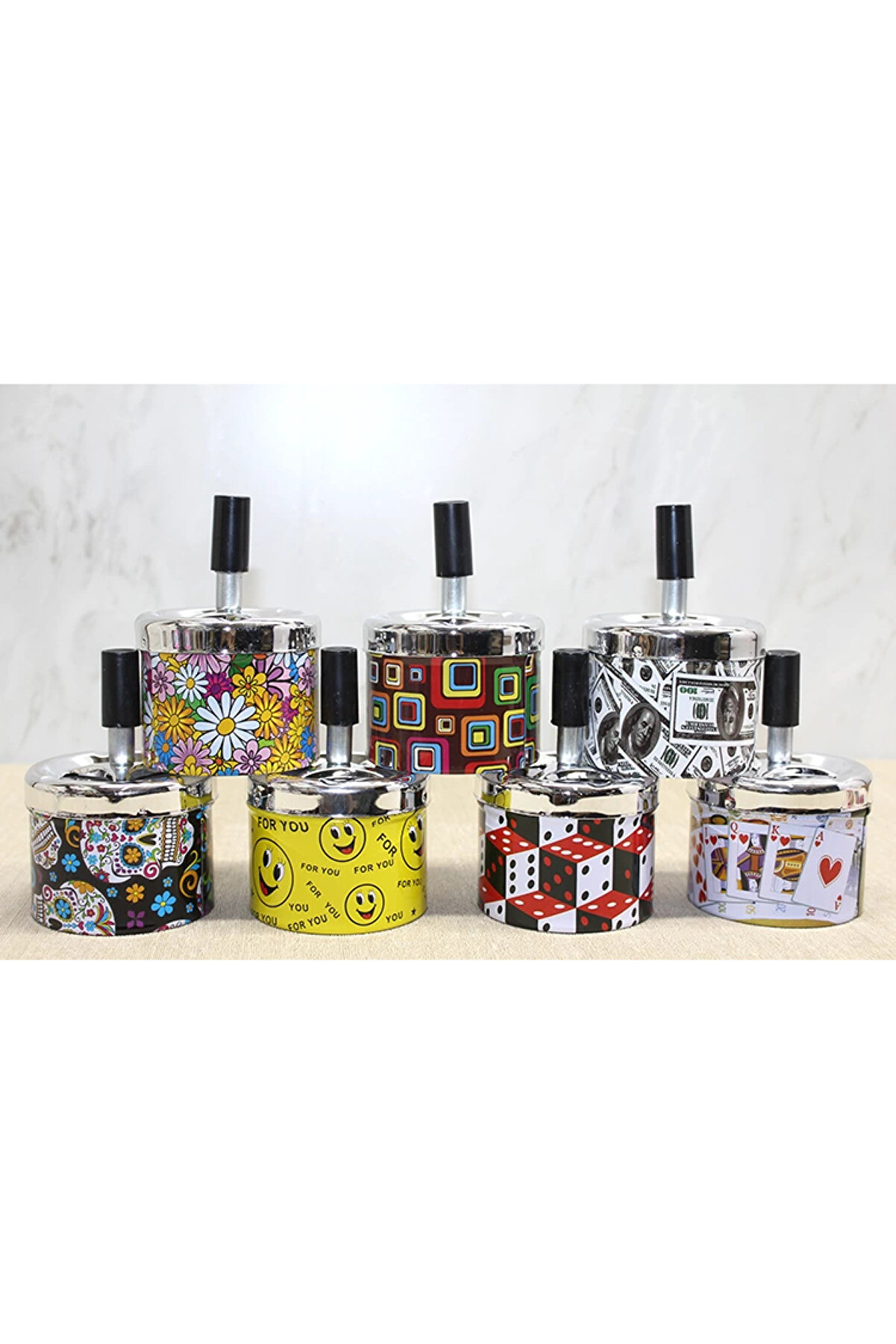 LULY HOME Küçük Boy Metal Renkli Basmalı Küllük Yuvarlak