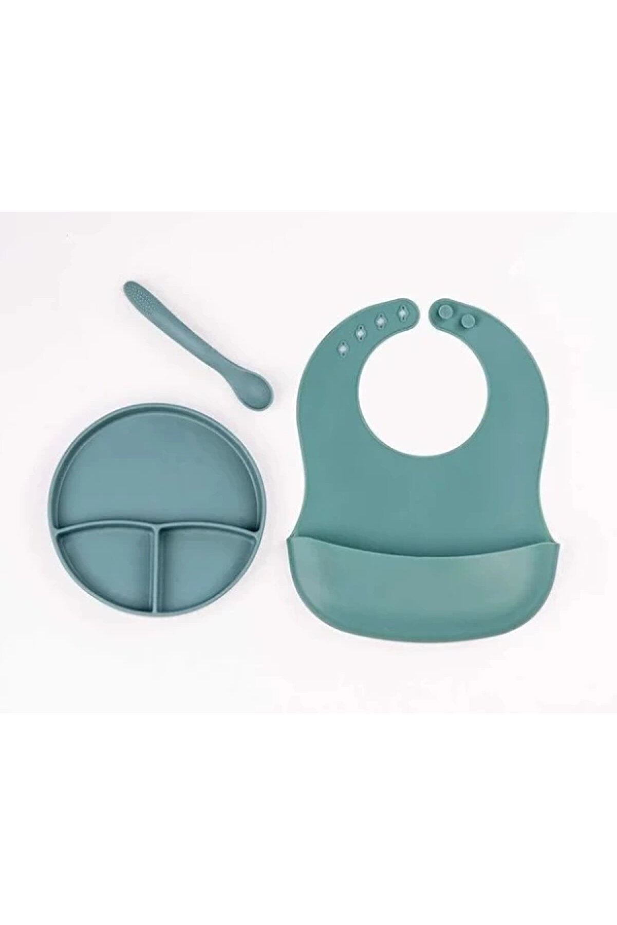 BYKOPUZ Yeşil 3’lü Silikon Yemek Seti – Önlük + Diş Kaşıyıcılı Kaşık + Vakumlu Tabak