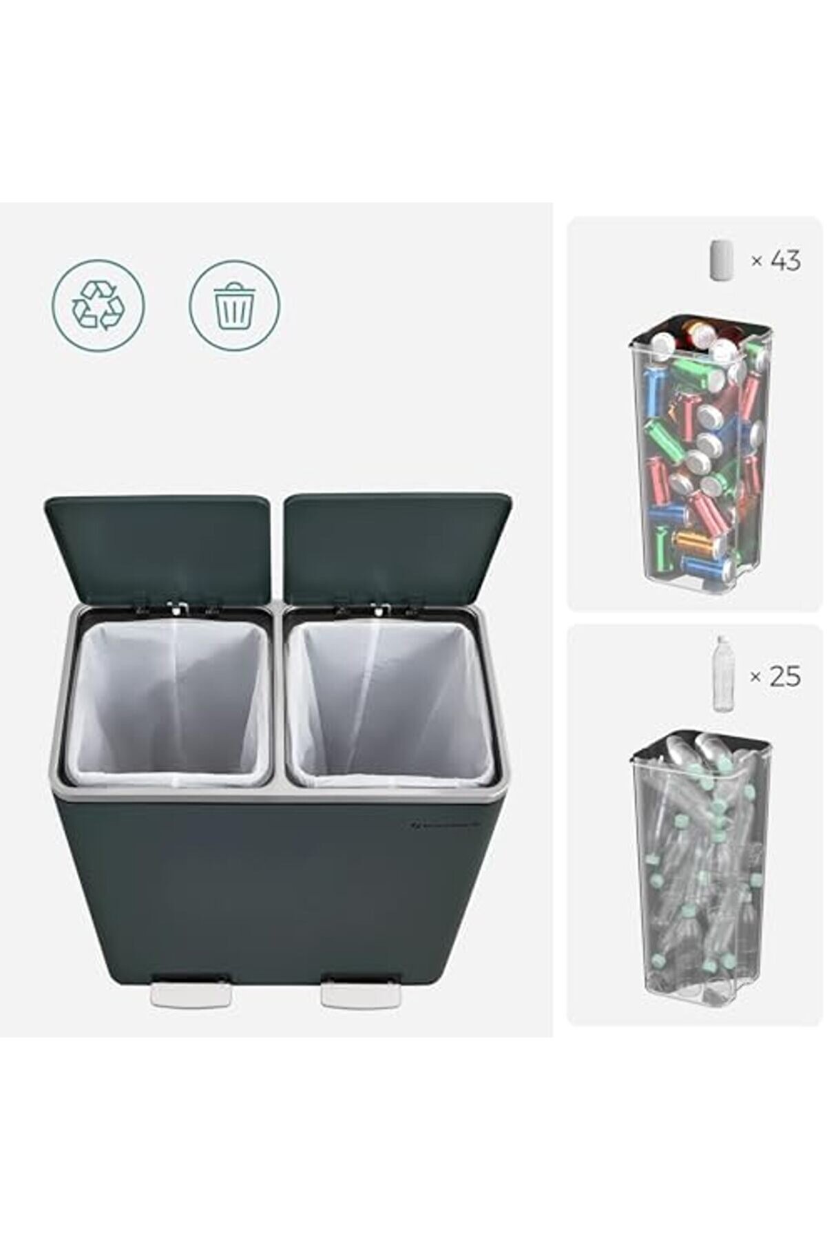 Snshop 2 X 30 L 2 Bölmeli̇ Atık Ayırma Si̇stemi̇ Pedallı Çöp Kovası Mutfak Çöp Kovası 15 Çö