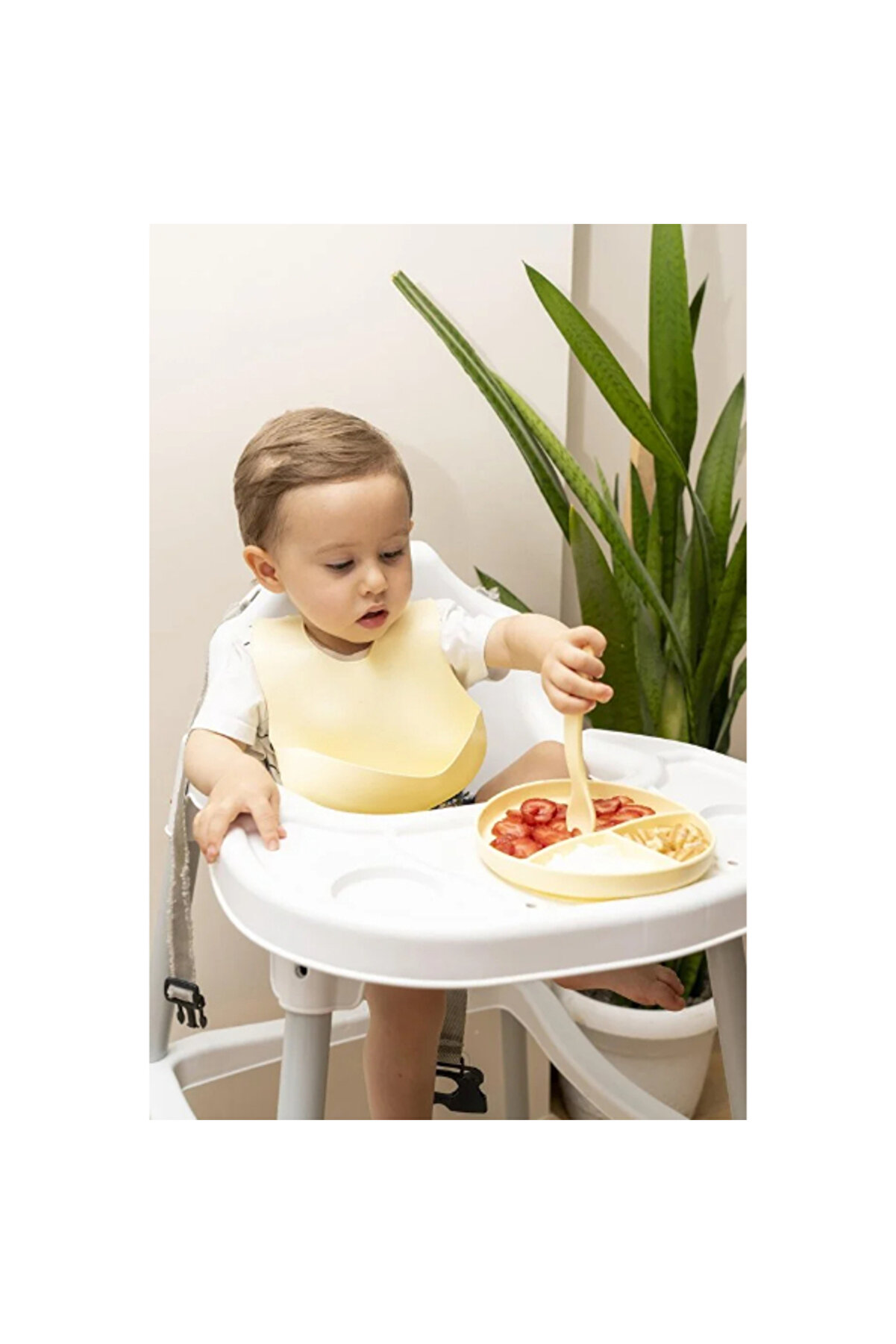 Art Sarı 3 Lü Si̇li̇kon Yemek Seti̇ - Önlük + Di̇ş Kaşıyıcılı Kaşık + Vakumlu Tabak Lab