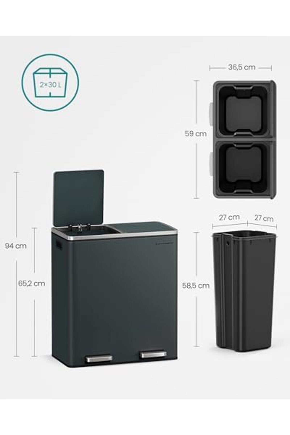 Snshop 2 X 30 L 2 Bölmeli̇ Atık Ayırma Si̇stemi̇ Pedallı Çöp Kovası Mutfak Çöp Kovası 15 Çö