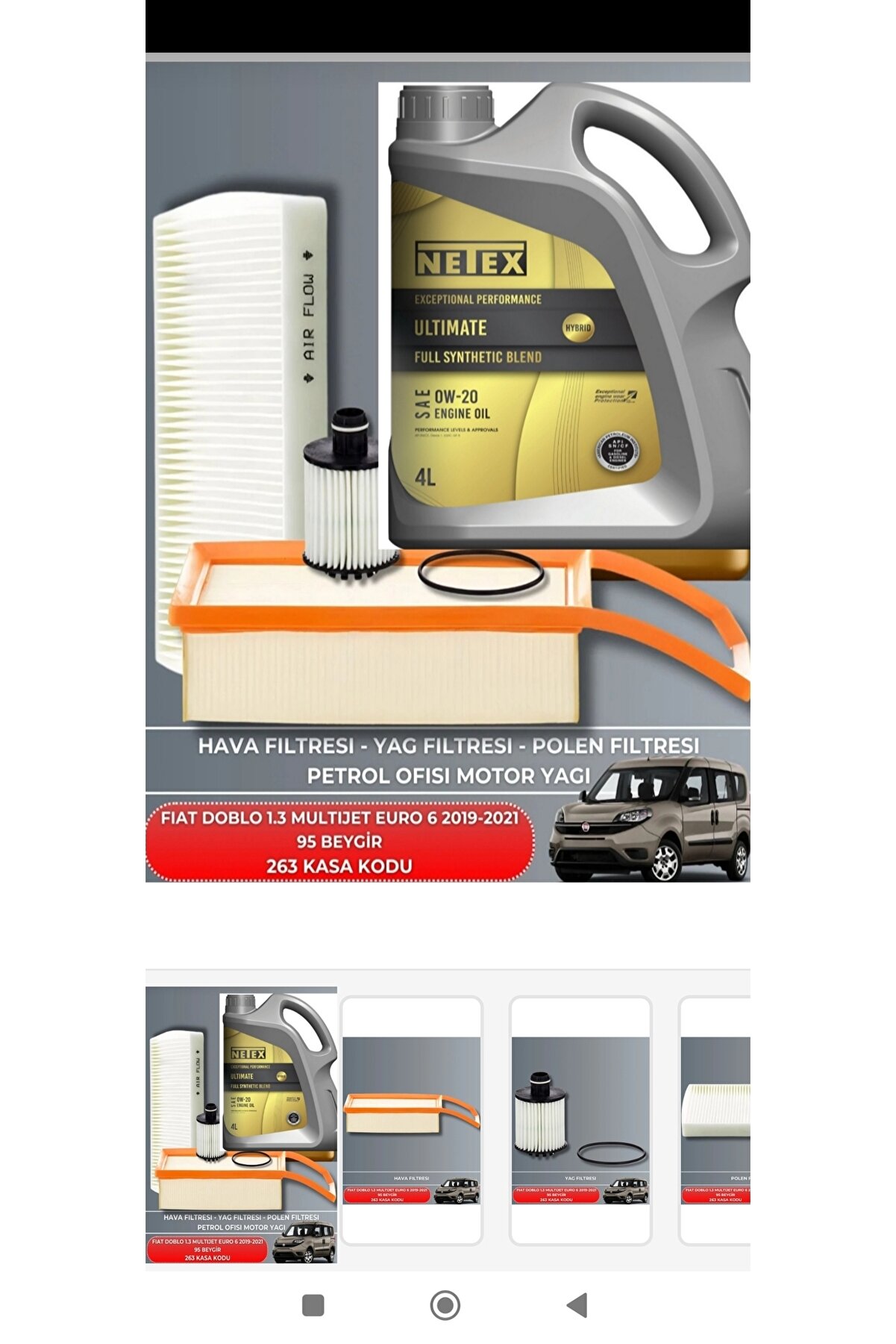 Netex FIAT DOBLO 1.3 MULTIJET EURO 6 2019-2021 95 BEYGİR FİLTRE - 0W20 4LT YAG BAKIM SETİ