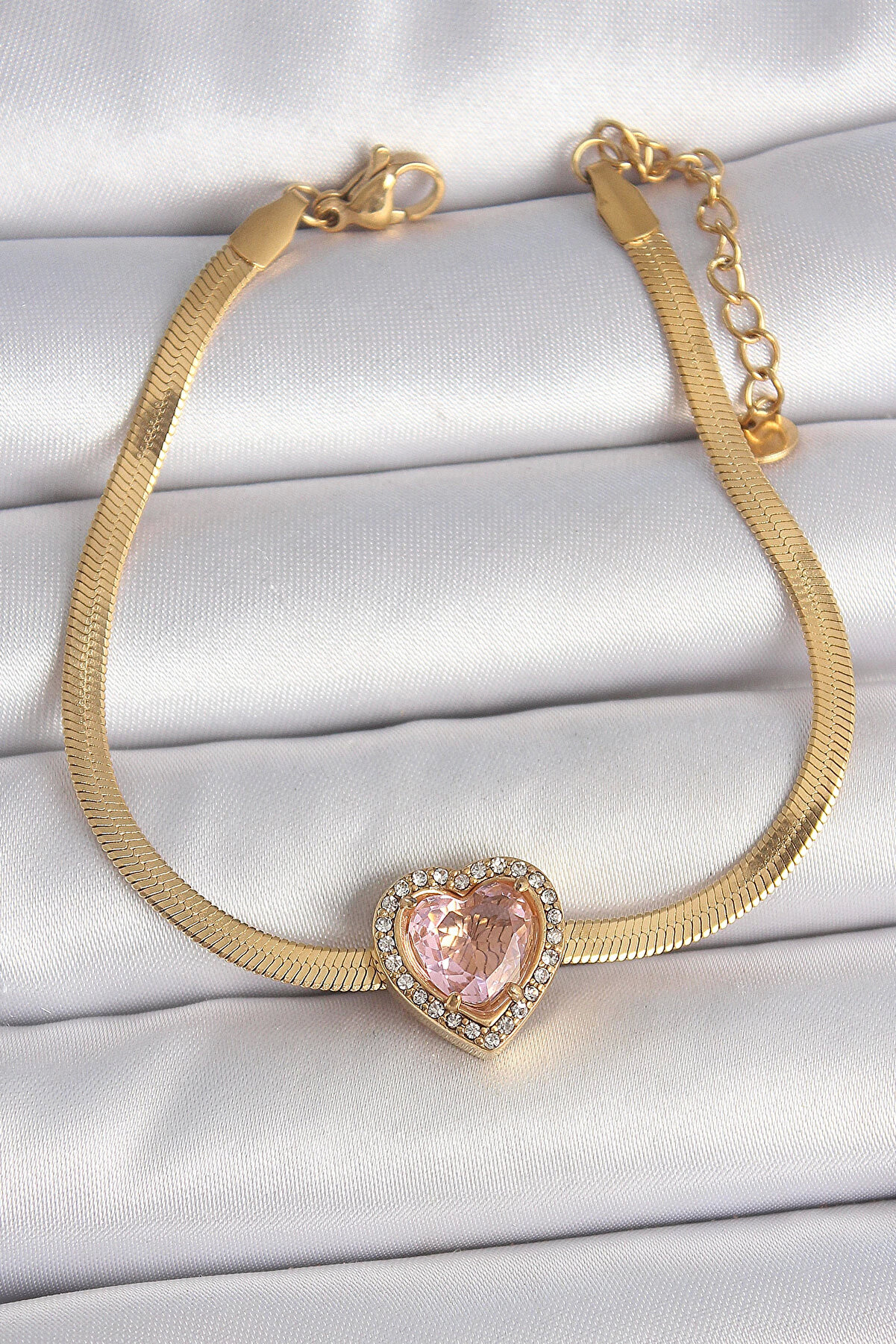 Modamtn Bfs 316L &Ccedil;eli̇k Gold Renk İtalyan Zi̇nci̇r Pembe Zi̇rkon Taşlı Kalp Model Kadın Bi̇lekli̇k