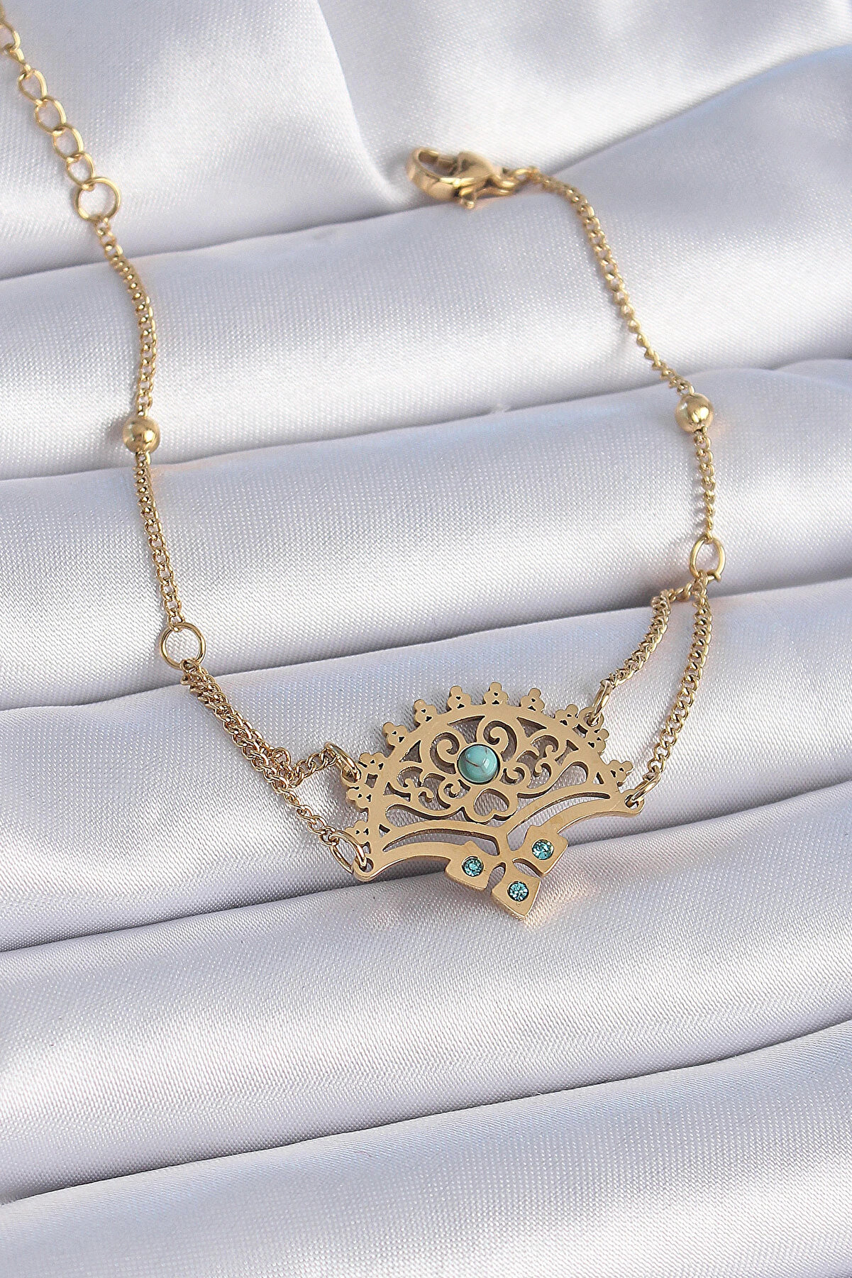 Modamtn Bfs 316L &Ccedil;eli̇k Gold Renk Mavi̇ Taşlı Etni̇k Desen Kadın Bi̇lekli̇k