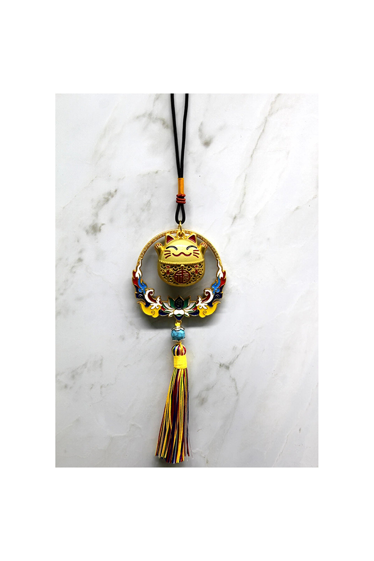 SepetBudur Renkli Püsküllü Şans Kedisi Feng Shui Askılık