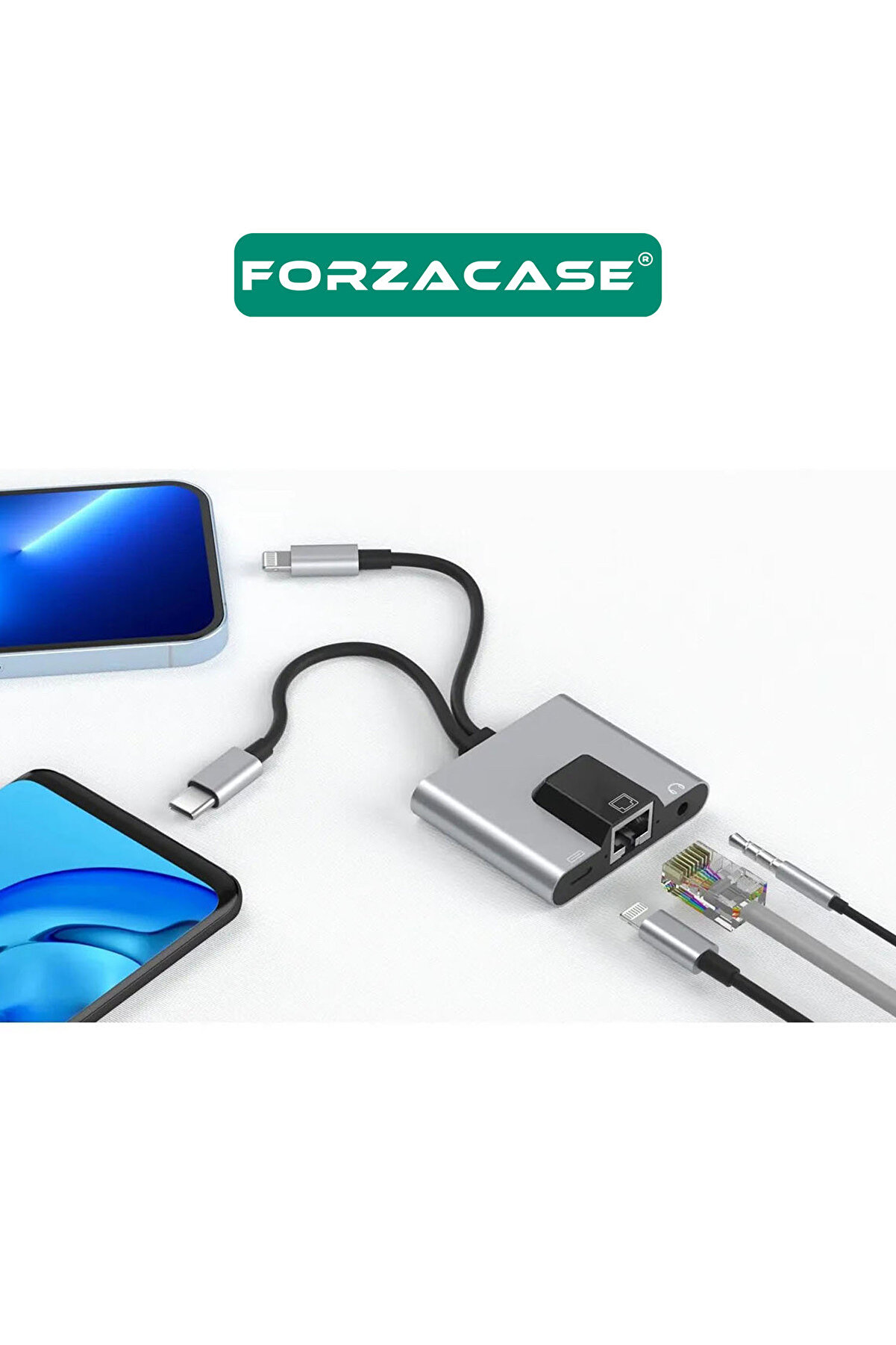 3 İn 1 Li̇ghtni̇ng & Type-C To Ethernet Adaptörü Rj45, Aux, Şarj Destekli̇ Çevi̇ri̇ci̇ - Fc1083
