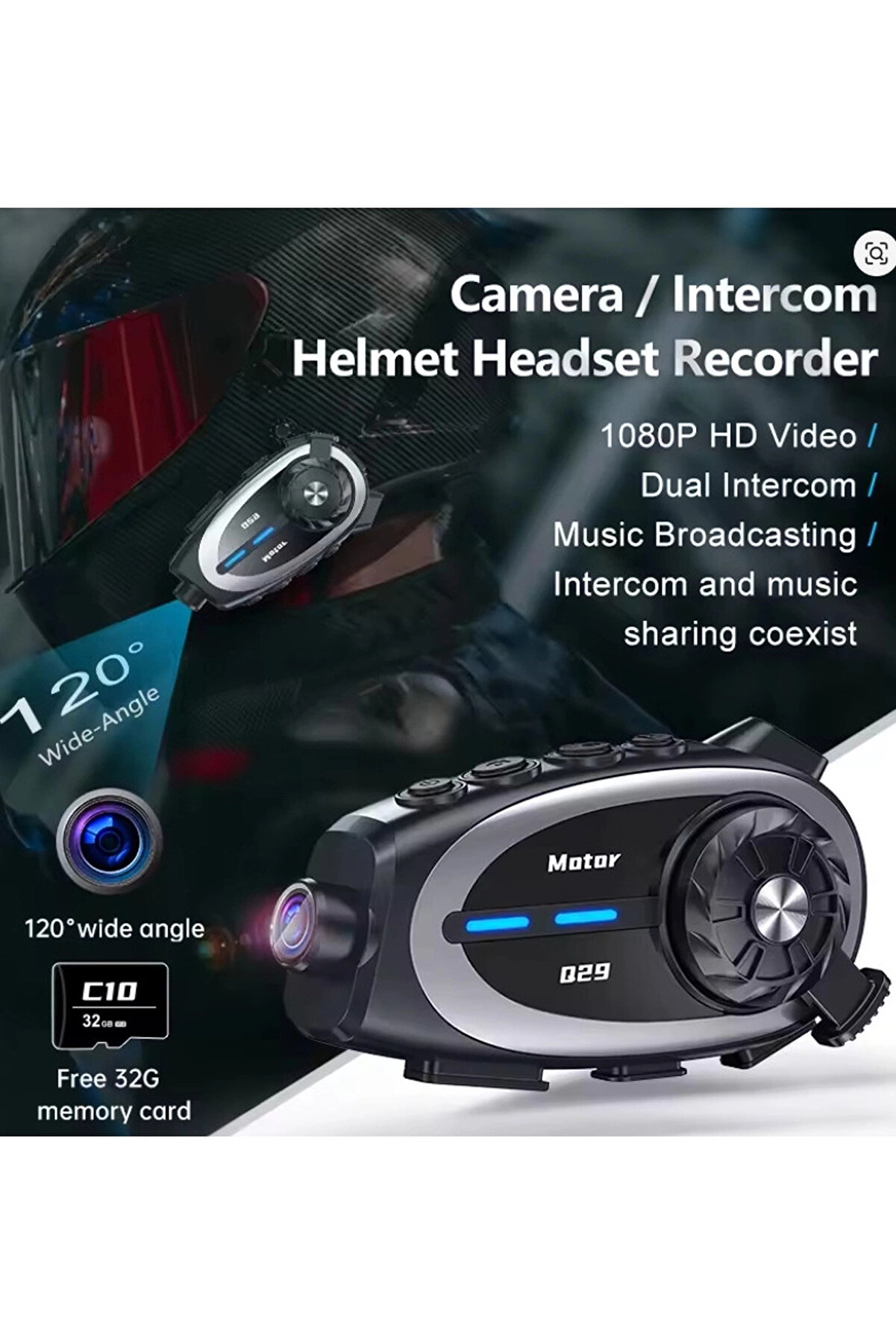 Q29 Motosi̇klet Kask Bluetooth Kulaklık Eşleşmeli̇ 1080P Kamera Geni̇ş Açı Su Geçi̇rmez Intercom
