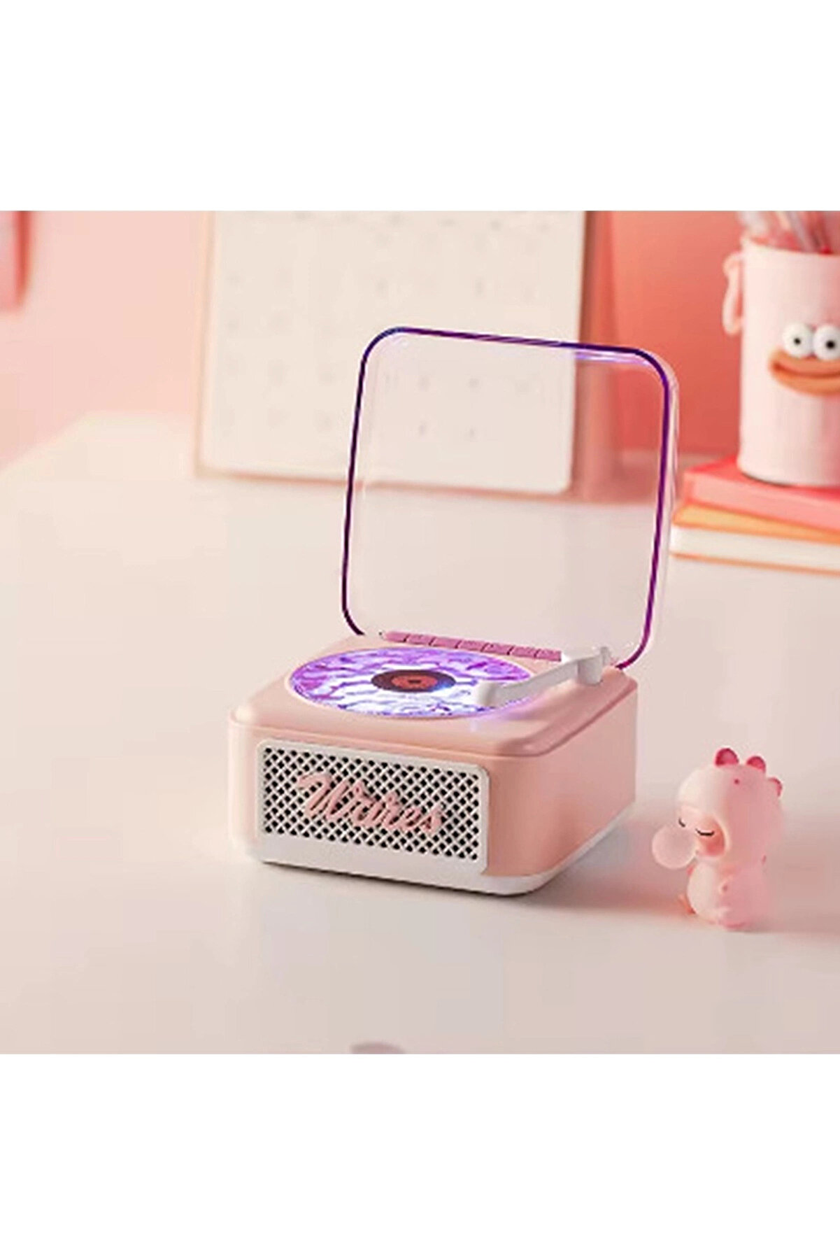 Nostalji̇ Mi̇ni̇ Plak Görünümlü Radyolu Bluetooth Hoparlör 3D Ses Dalgası Retro Müzi̇k Plak Pembe