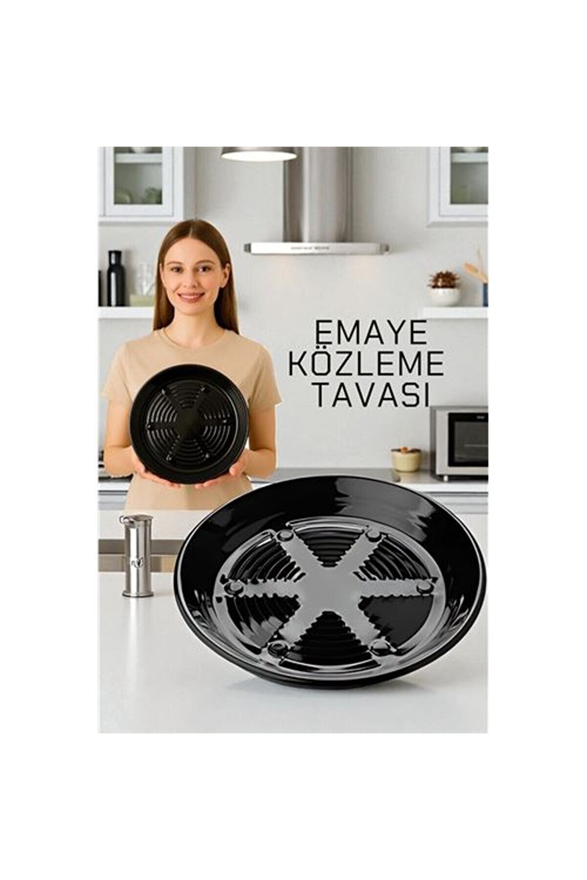 Toptan Bulurum Emaye Közleme Tavası 31 cm Fırına Uyumlu Delikli Izgara Yüzeyli, Parlak Siyah
