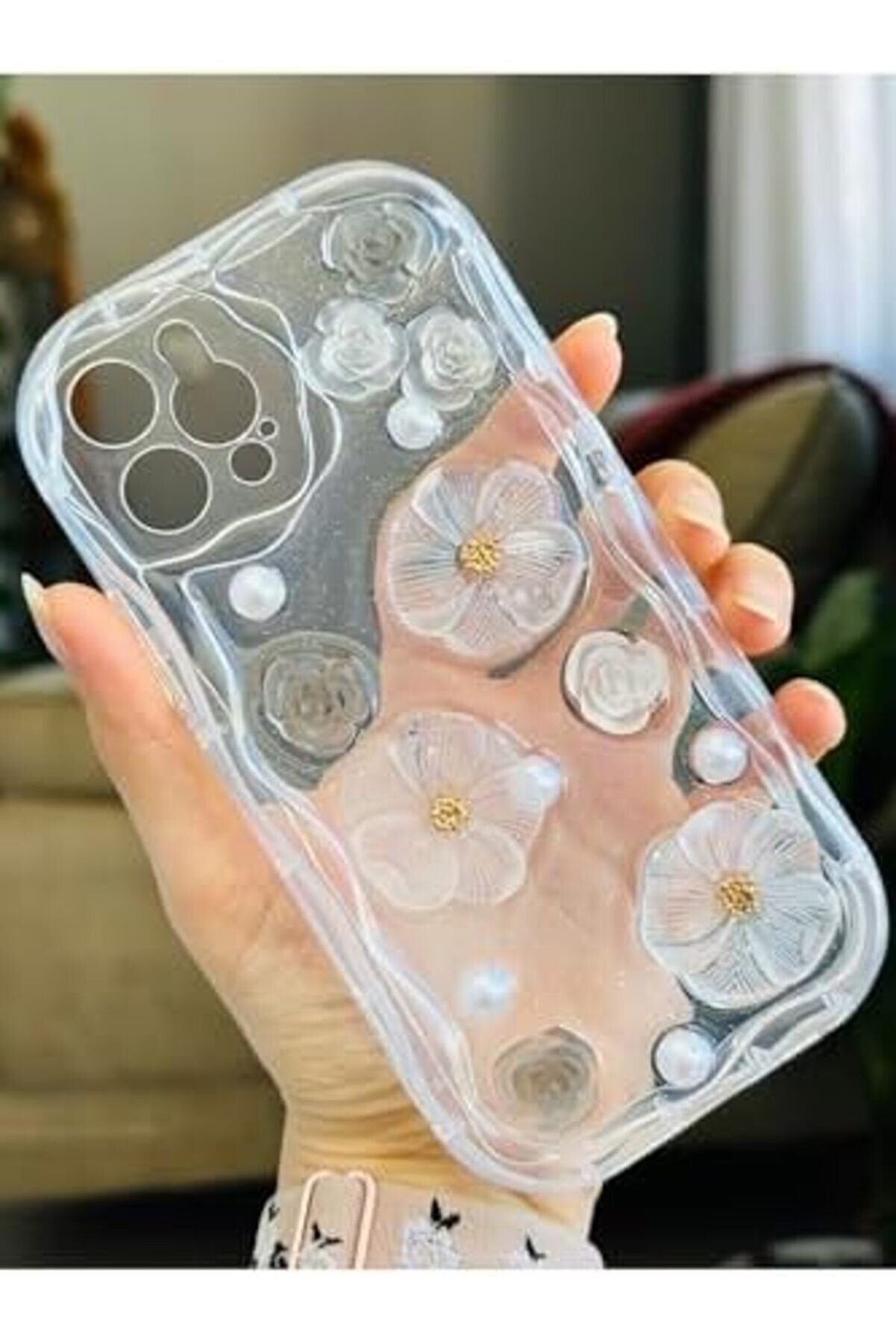 Aksesuar 12 Ve 12 Pro İle Uyumlu &Ouml;zel Tasarım 3D Oyuncak &Ccedil;i̇&ccedil;ek Tasarımlı Esnek Si̇li̇kon Kıl