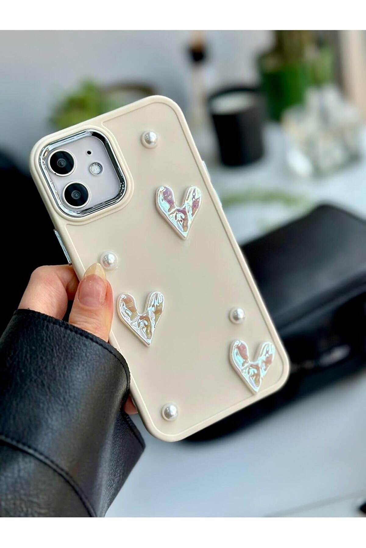 STOREMAX aclyashop Aksesuar 12 ve 12 Pro Uyumlu Taş Kalp Tasarım Oyuncaklı Esnek Silikon Kılıf - Kremtaşkalp