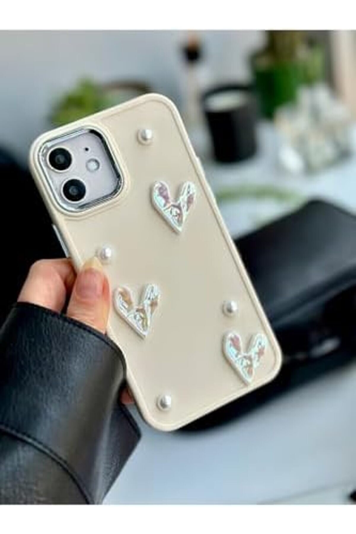 Aclyashop Aksesuar 12 Ve 12 Pro Uyumlu Taş Kalp Tasarım Oyuncaklı Esnek Si̇li̇kon Kılıf - Kremtaşkalp