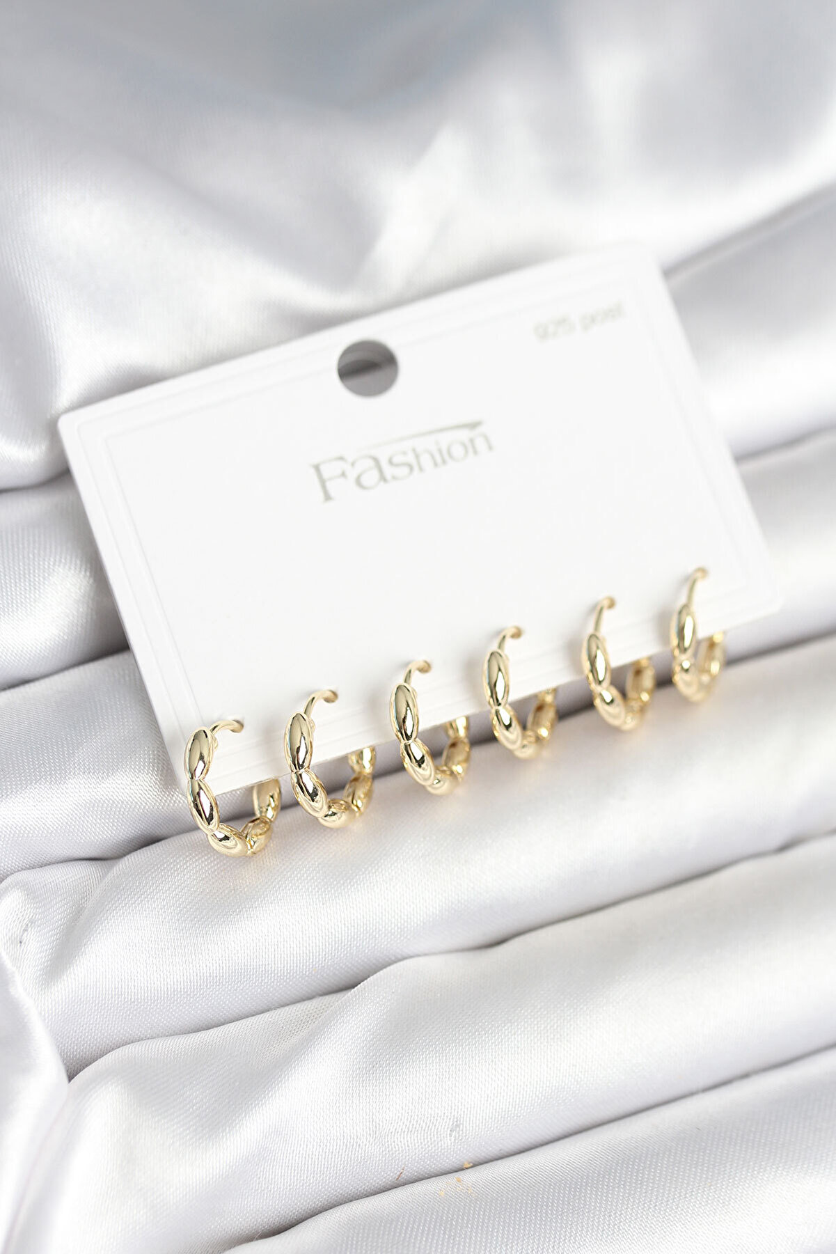 Toptan Bulurum Pirinç Gold Renk Baklalı Halka 925 Gümüş Çivi Kadın Küpe Seti