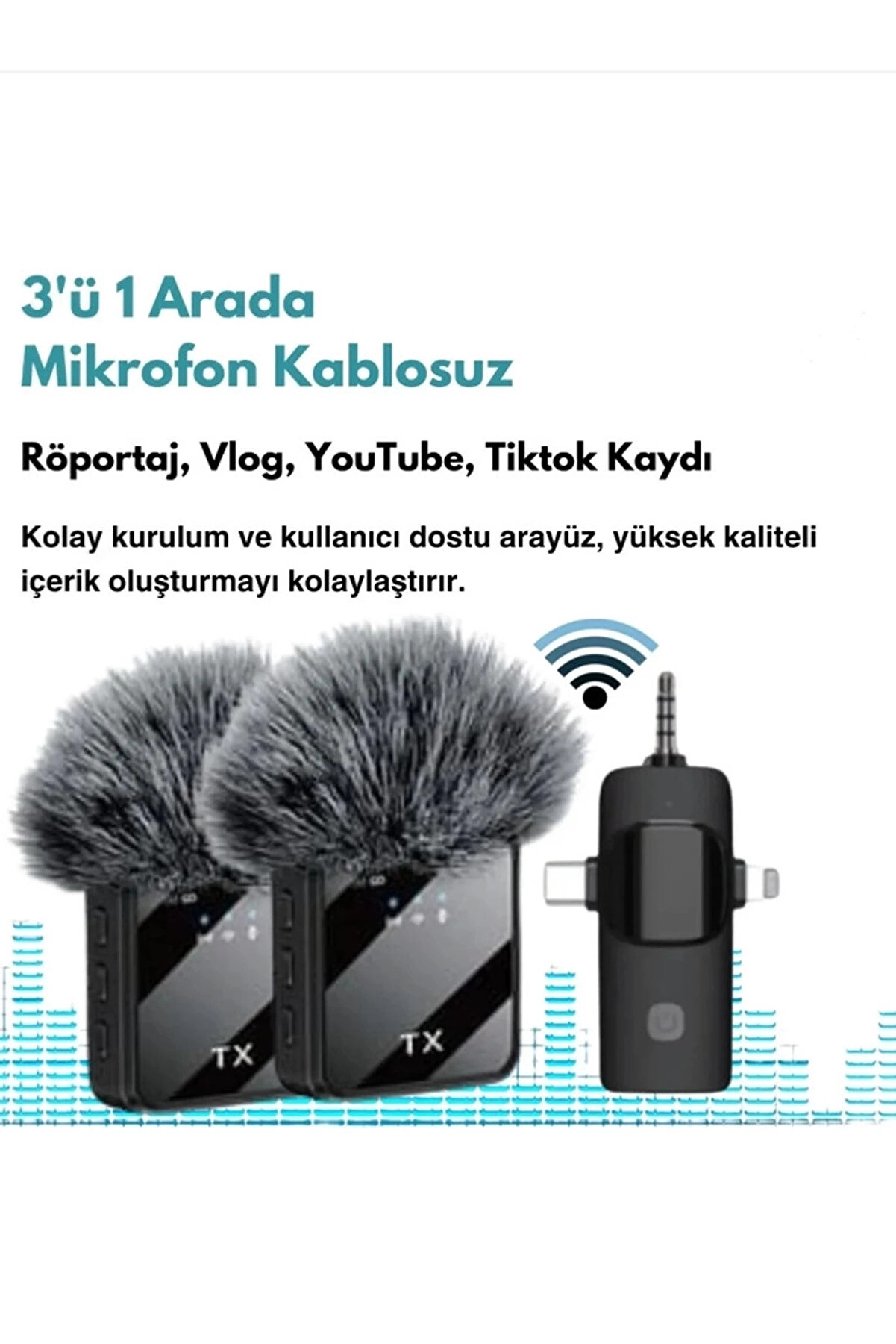 gizmurstore Yüksek Kalite Profesyonel 3 In 1 Kablosuz Taşınabilir Yaka Mikrofonu Tüylü