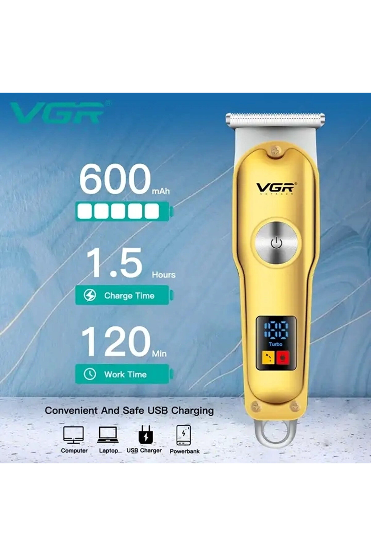 Vgr V-290 Altın T Bıçak Sıfır Kesi̇m Lcd Ekran Şarjlı Tıraş Maki̇nesi̇