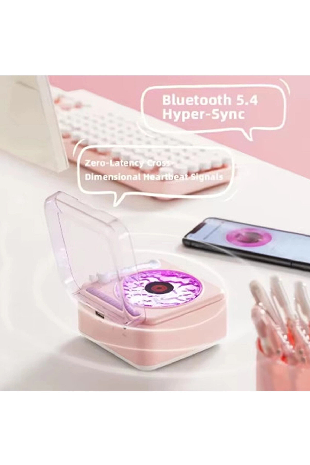 Nostalji̇ Mi̇ni̇ Plak Görünümlü Radyolu Bluetooth Hoparlör 3D Ses Dalgası Retro Müzi̇k Plak Pembe