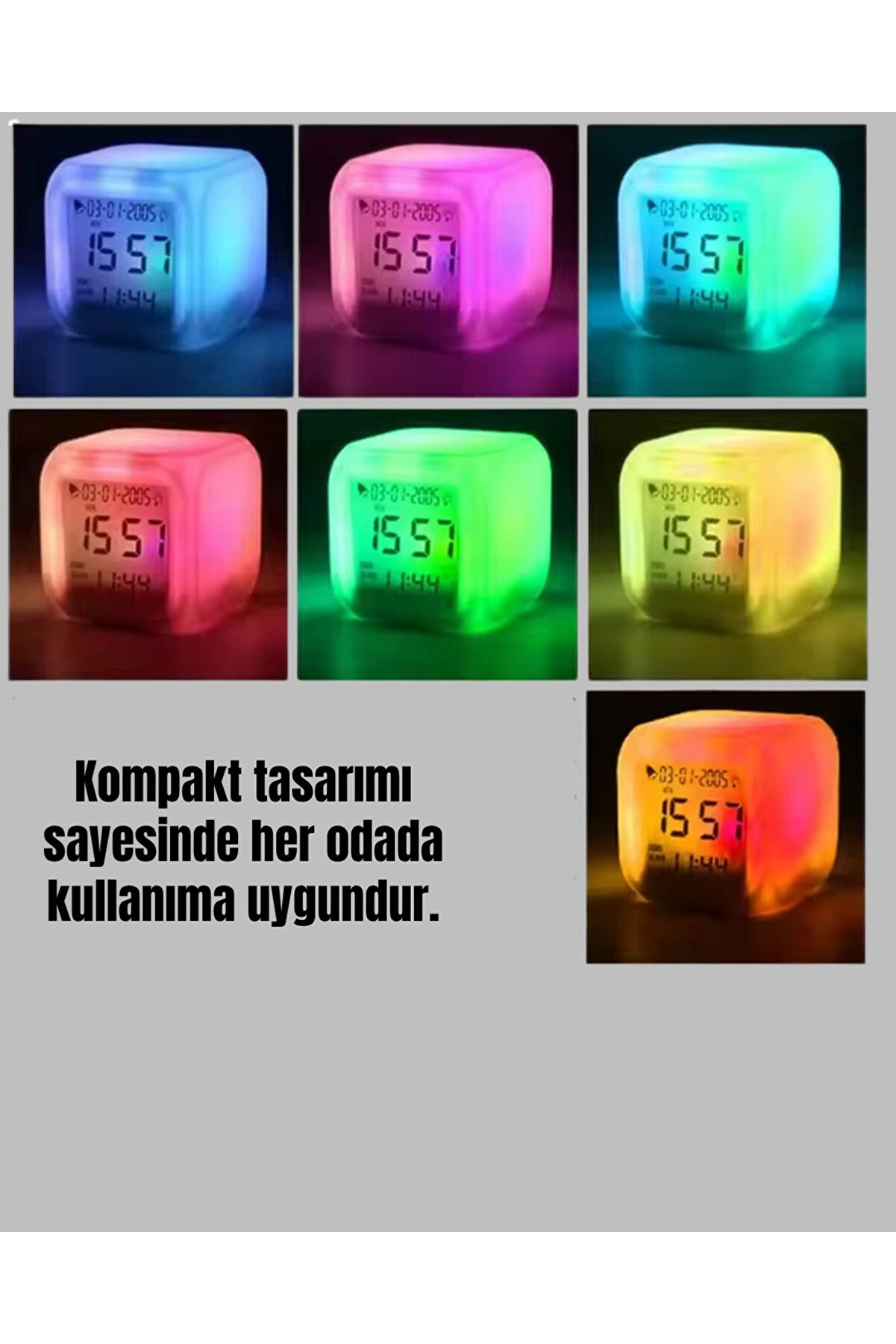 Renk Deği̇şti̇ren Led Alarmlı Di̇ji̇tal Küp Masa Saati̇