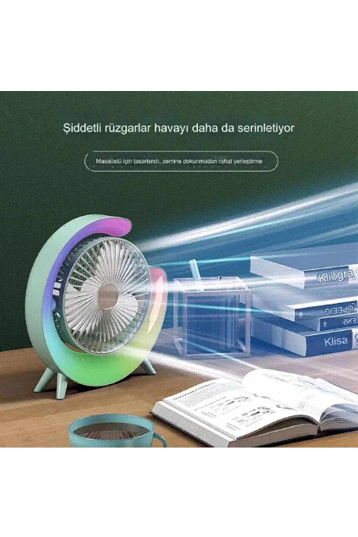 Masaüstü Vanti̇latör Usb Şarjlı Rgb Led Işıklı 3 Kademeli̇ 180° Ayarlanabi̇li̇r Soğutucu Fan Pembe