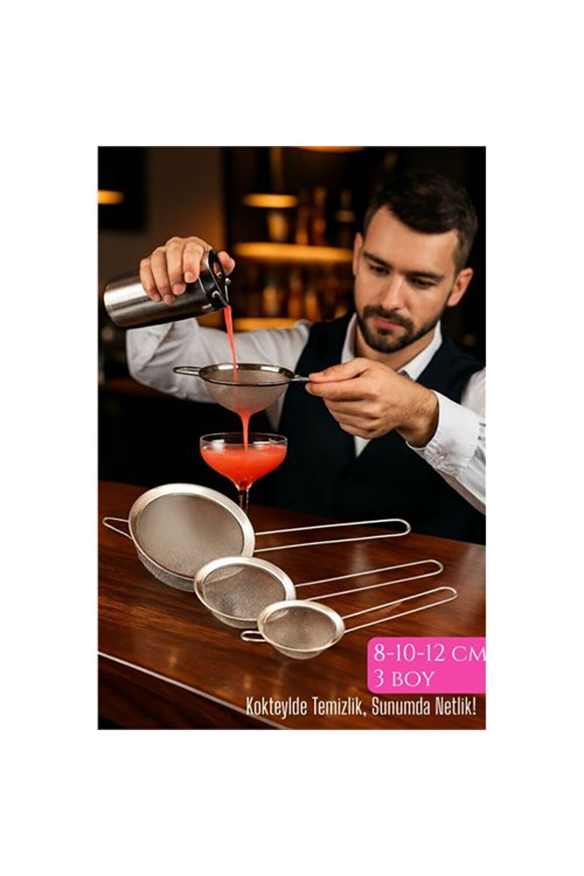 Toptan Bulurum 3’lü Bar Süzgeci Seti – 81012 cm Çaplı Paslanmaz Çelik | Kokteyl ve Mutfak İçin