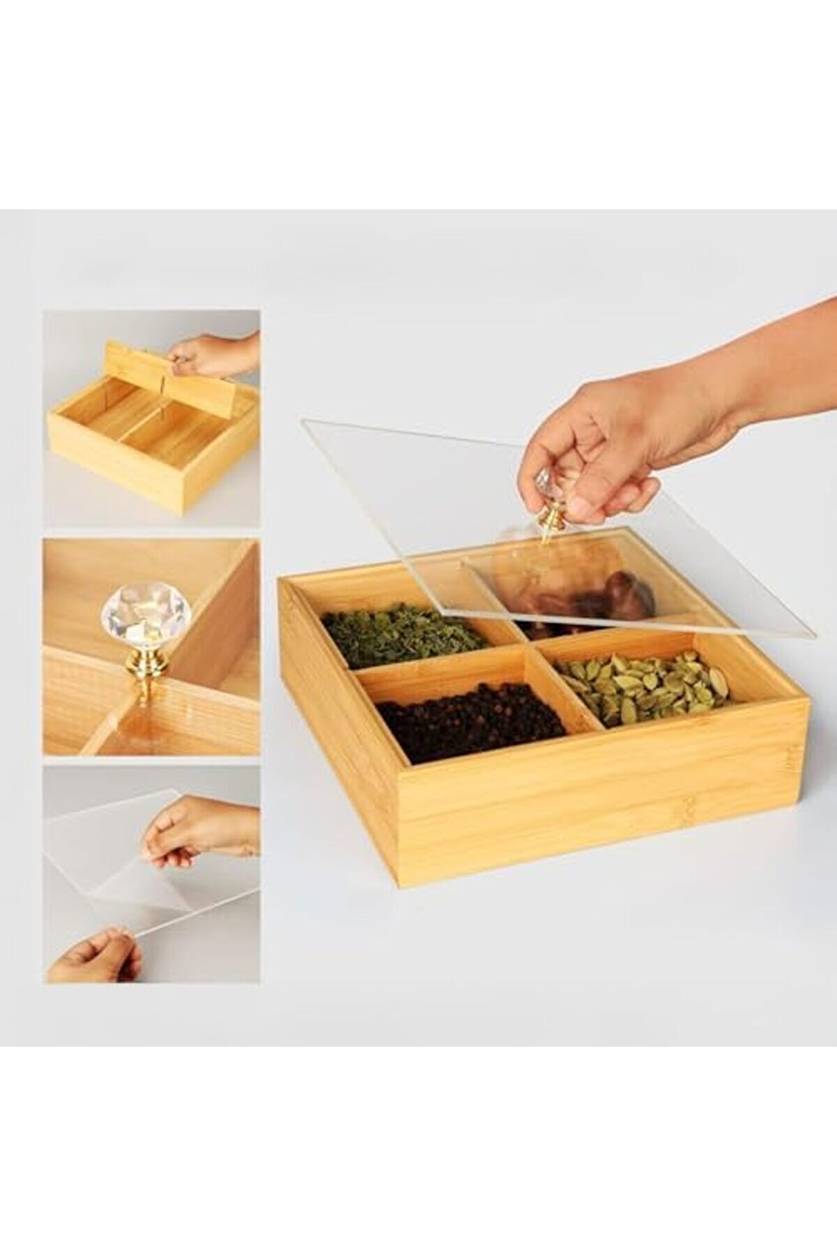 Goldwhi̇rl Bambu Bölmeli̇ Kapaklı Sunumluk, Kuru Meyve, Kuru Yemi̇ş Ve Drajeleri̇ni̇z İçi̇n (Kare) Trendfl