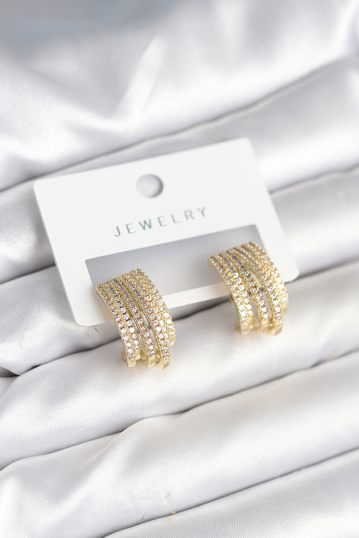 Toptan Bulurum Zirkon Taşlı Şerit Model Gold Renk Pirinç Kadın Küpe