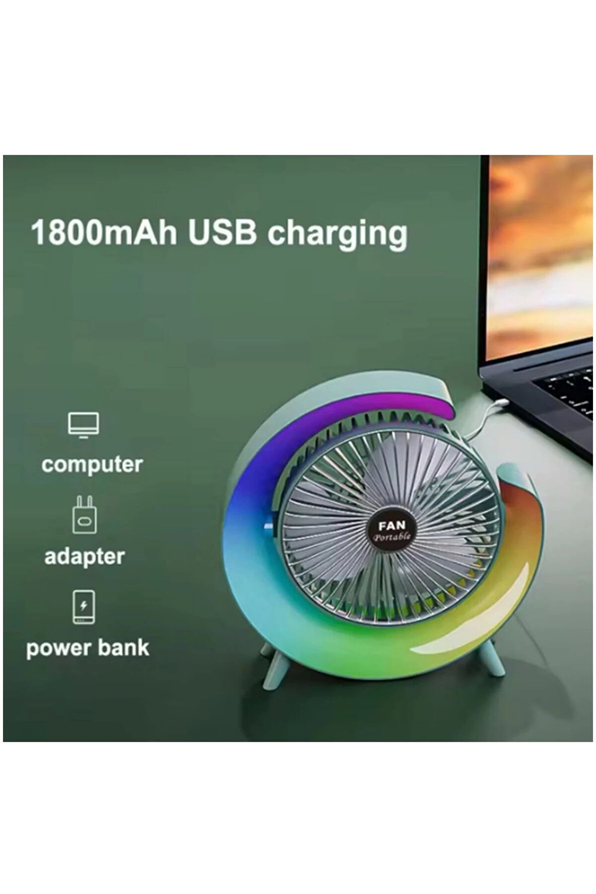 Masaüstü Vanti̇latör Usb Şarjlı Rgb Led Işıklı 3 Kademeli̇ 180° Ayarlanabi̇li̇r Soğutucu Fan Pembe