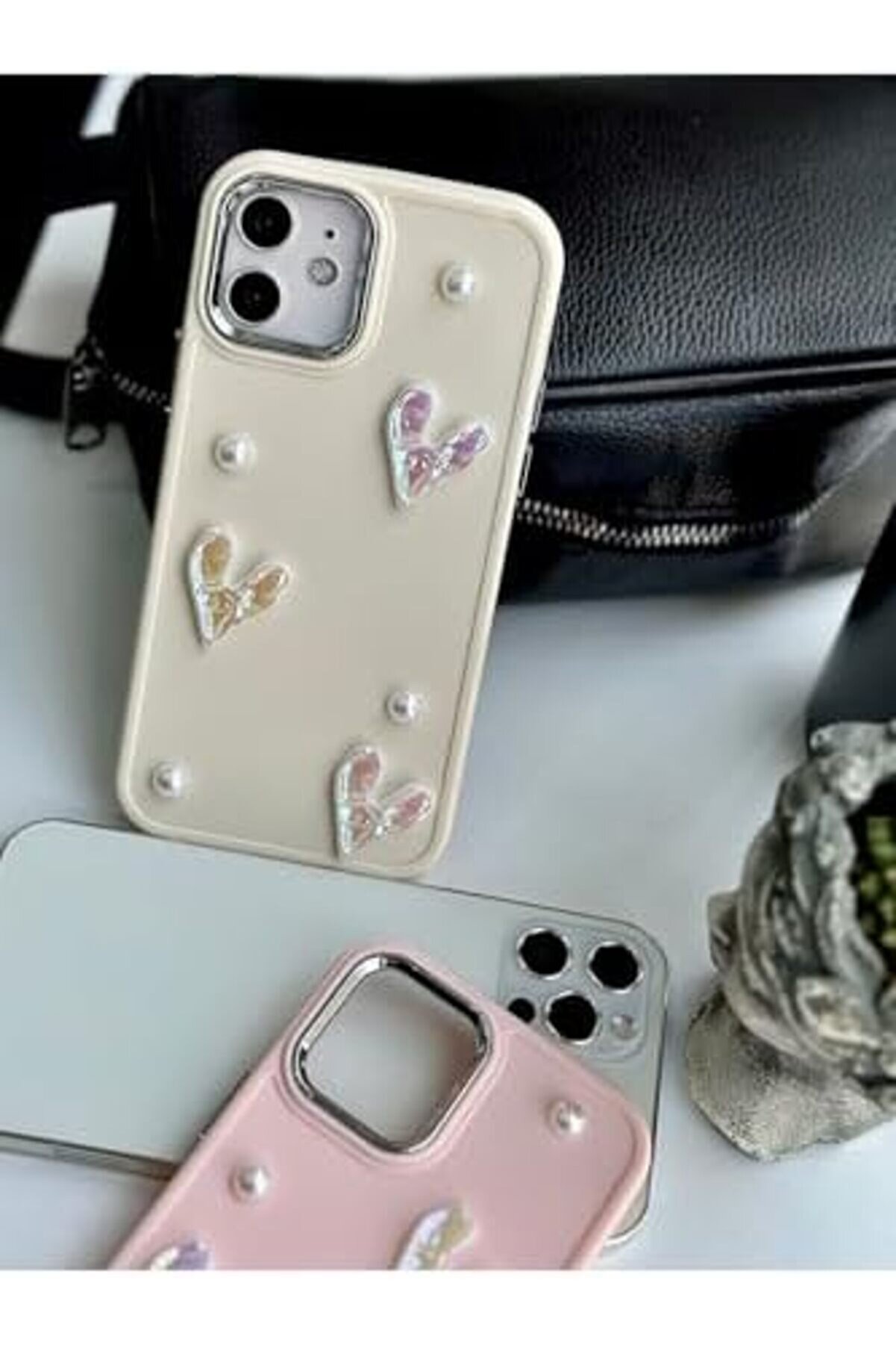 Aclyashop Aksesuar 12 Ve 12 Pro Uyumlu Taş Kalp Tasarım Oyuncaklı Esnek Si̇li̇kon Kılıf - Kremtaşkalp