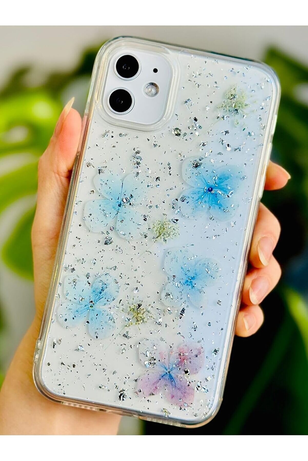 STOREMAX ynsShoping Aksesuar 11 ile Uyumlu EPOKSİLİ Mavi Simli Çiçek Tasarımlı Oyuncaklı Esnek Silikon Kılıf