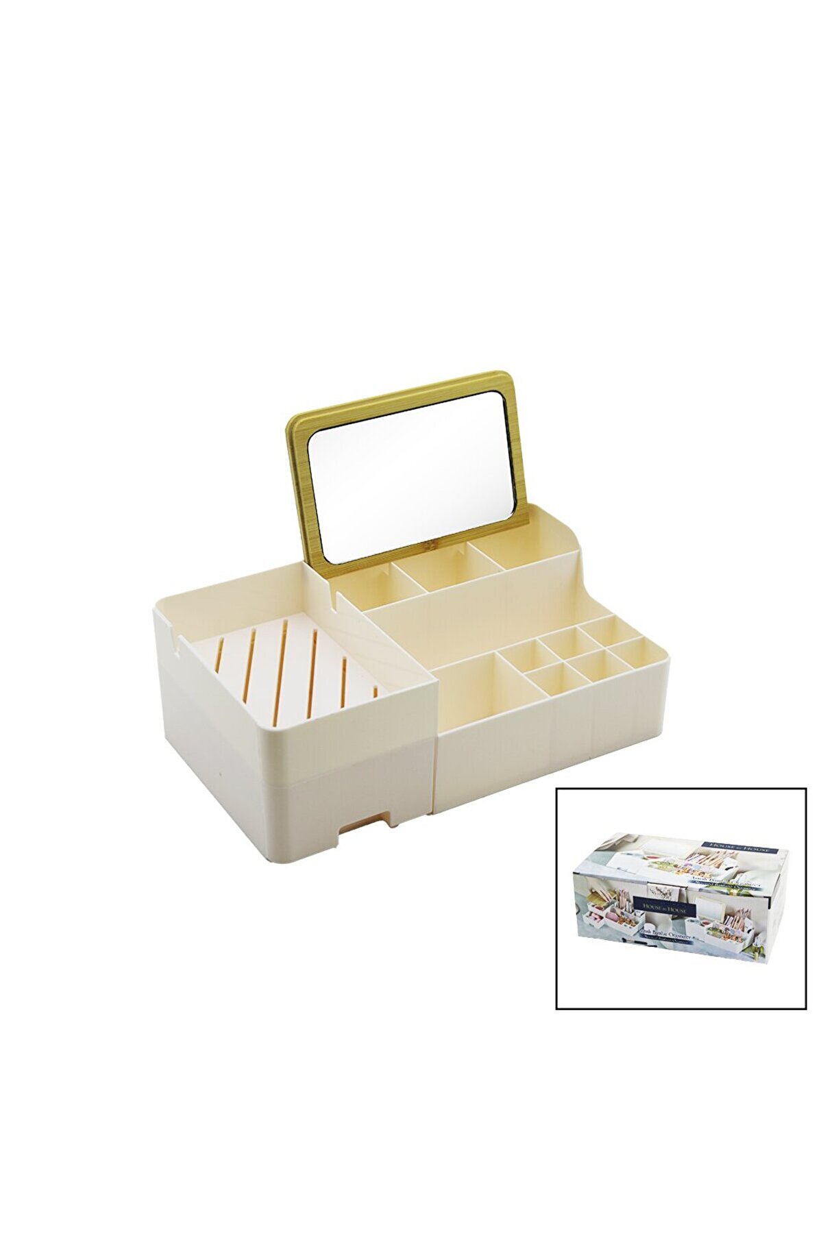Go İthalat Aynalı Bambu - &Ccedil;ekmeceli̇ Makyaj - Takı Organi̇zer Sert Plasti̇k 13 B&ouml;lmeli̇ 28.5X17.5X9.5Cm (5372